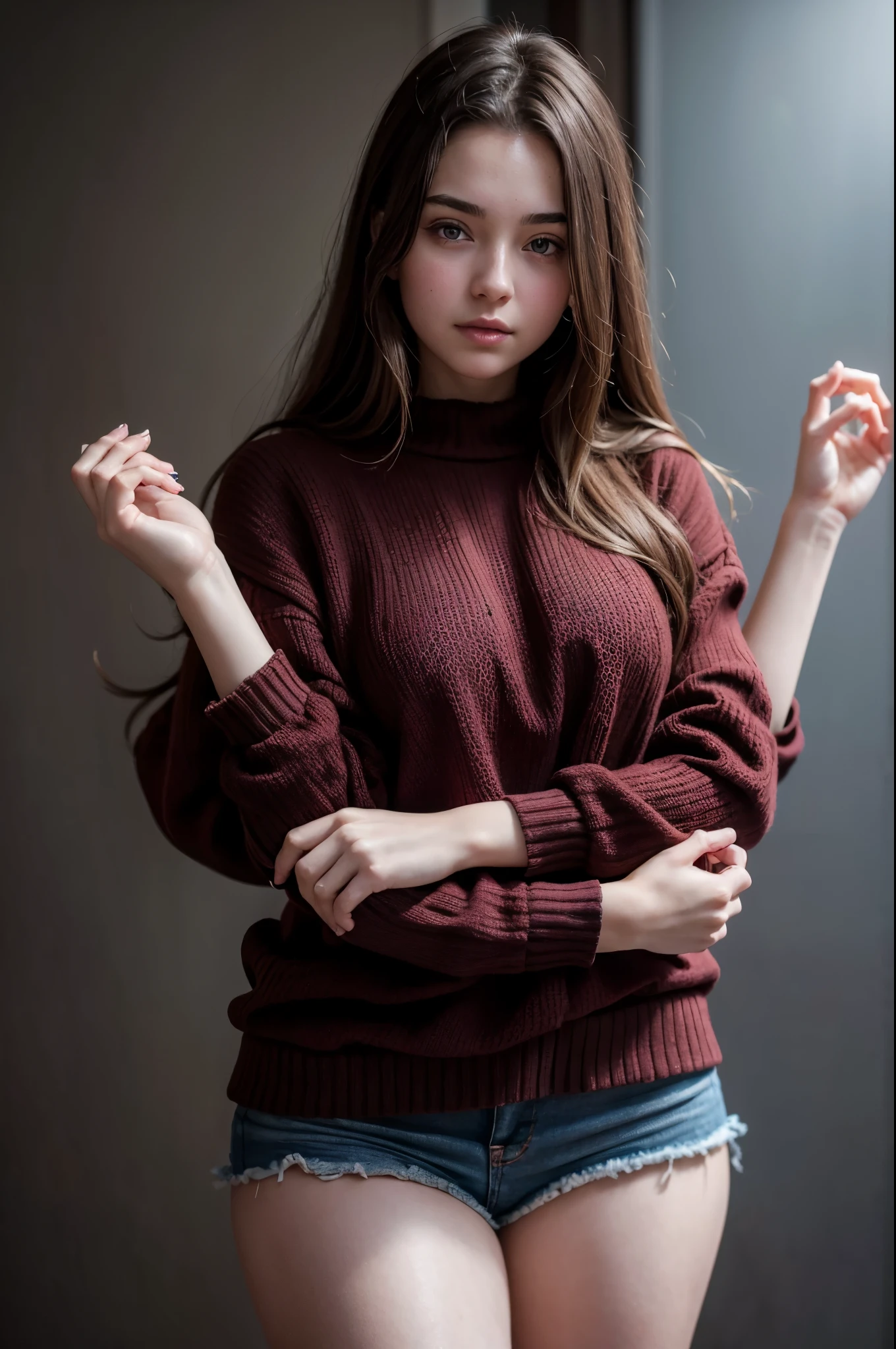 Closeup shot of a gorgeous teenage girl with four arms, age 16, beautiful, pale skin, dark hair, cute sweater,