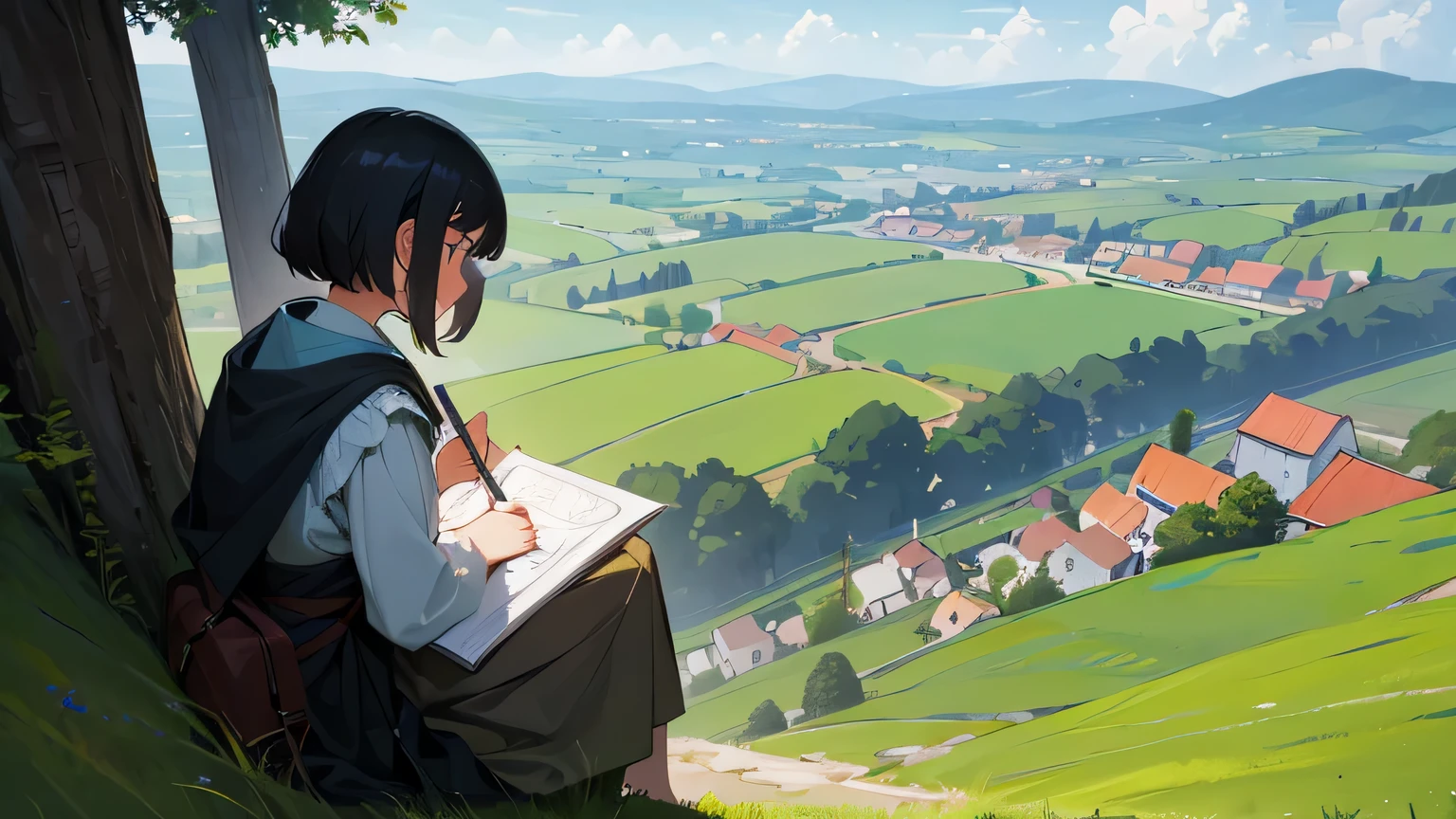 There is a young artist named Arya,She sat on a hill near the village and drew。.