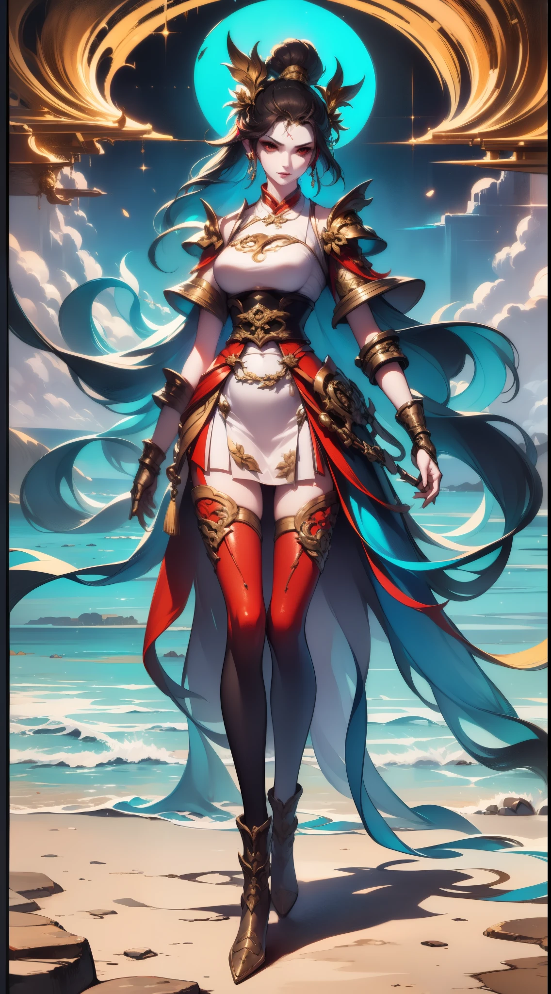 Close-up of a tall woman in her 30s, red eyes and black hair, Dressed in a red and black dress, queen of china, female swordsman, chinese princess, Standing in a Chinese temple, New clothing concept design, blade and soul style, full body character concept, Detailed character design, Inspired by Yang Jin, inspired by trees, Moon themed clothing, Gold set, Inspired by Zhu Lian, Color concept art, Highly detailed character design, Highly detailed face, Inspired by Ai Xuan, Very detailed face, Unreal Engine rendering, final fantasy 14 style