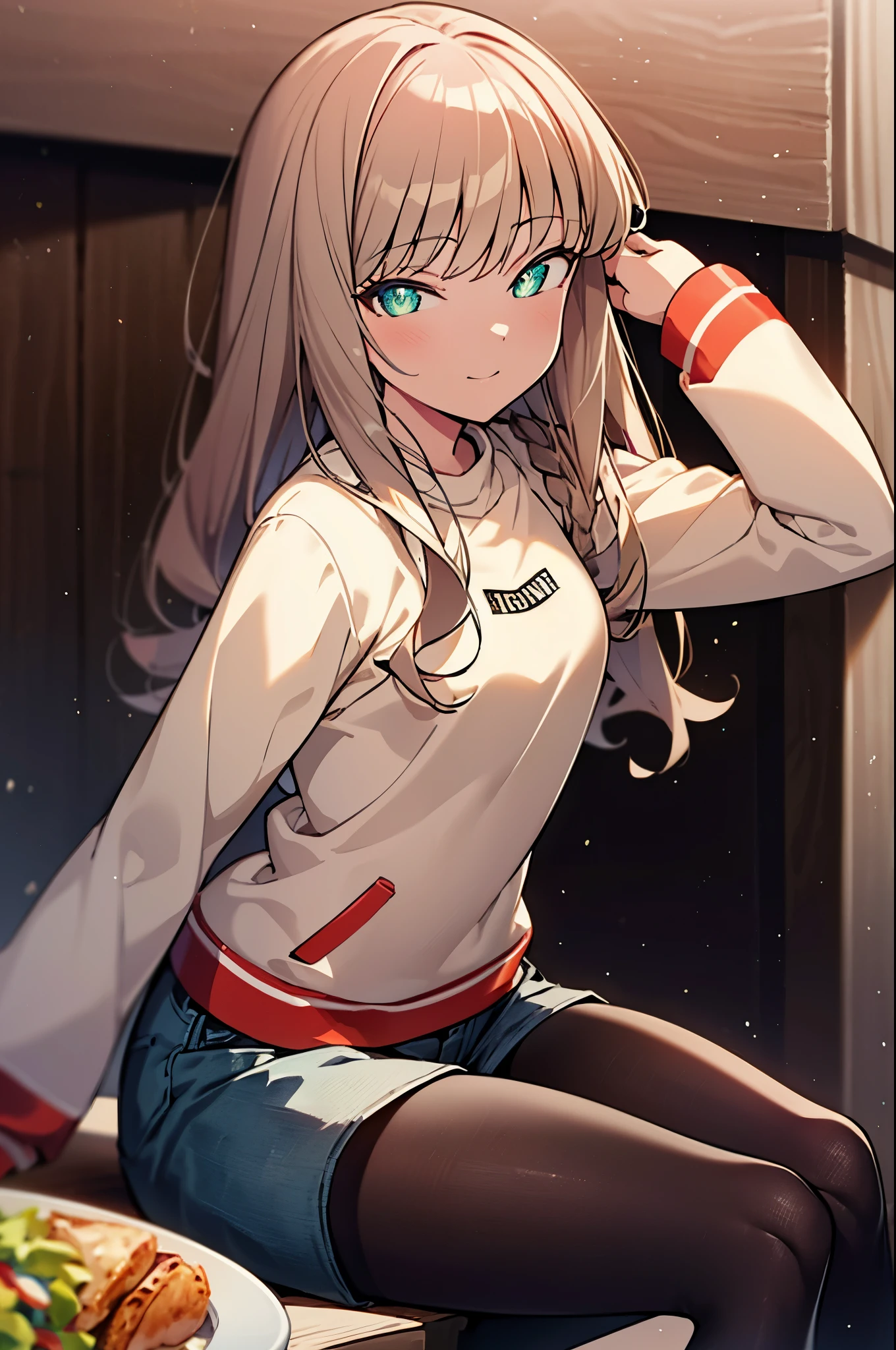 8k,highest quality,masterpiece,Southern dream bud,Southern dream bud sss dynazenon,brown hair,long hair,green eyes,short braided hair, low ponytail,blush,smile,white oversized sweater,shorts,White pantyhose,short boots,open terrace,restaurant,food is placed on the table,sitting in a chair,(masterpiece:1.2), highest quality, High resolution, unity 8k wallpaper, (shape:0.8), (beautiful and detailed eyes:1.6), highly detailed face, perfect lighting, Very detailed CG, (perfect hands, perfect anatomy),