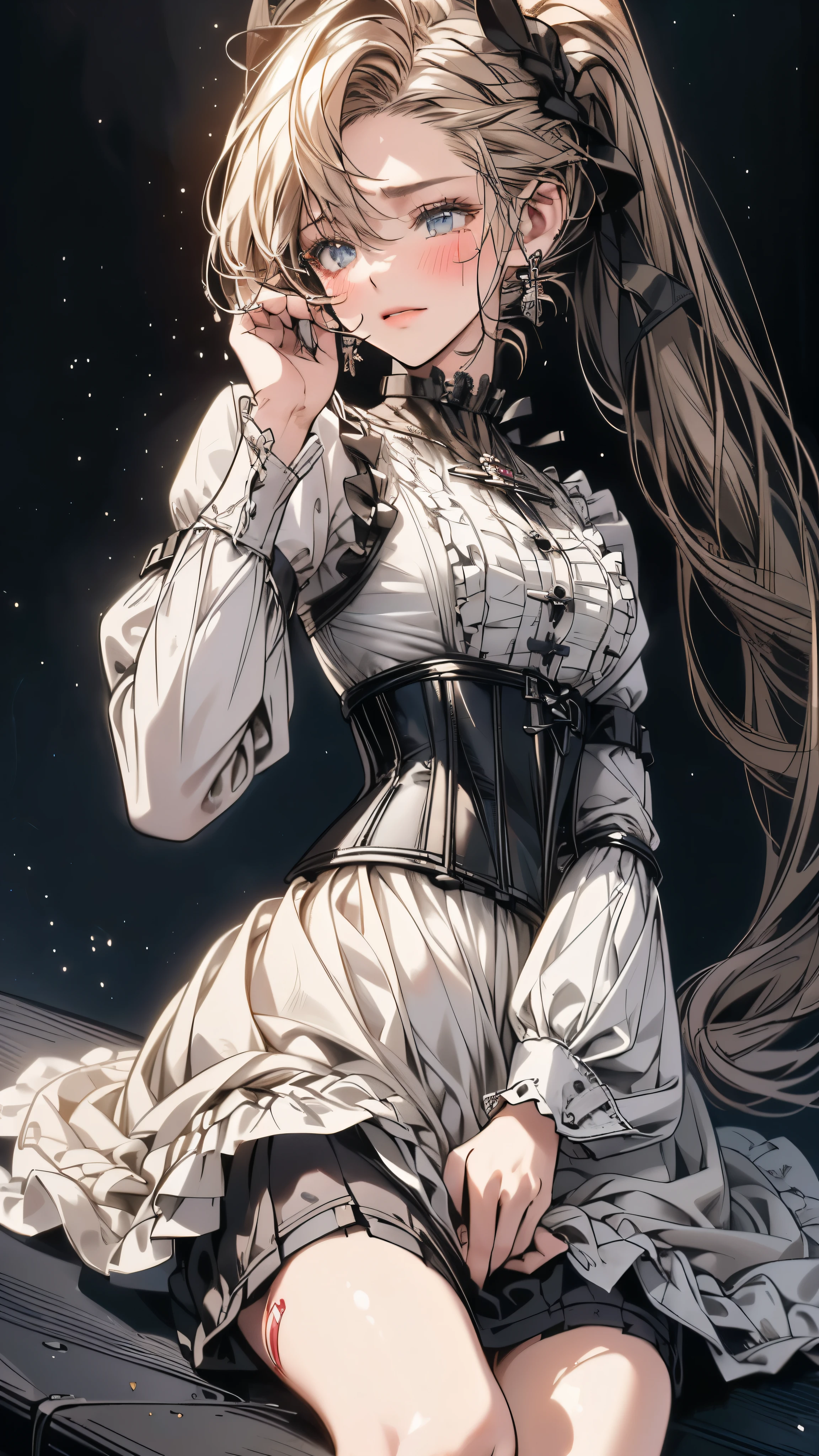 (((masterpiece)))、((highest quality))、(Super detailed)、(CG illustration)、(so beautiful ))、cinematic light、(((1 Mechanical Girl)))、 SF、Apocalypse、erotic grotesque、(beautiful and luxurious:1.2)、(1 girl:1.3)、facing the front, (double breasted,under bust:1.2), gap between buttons,(((corset belt))),(((high waist mini skirt,)))Are crying,Sad face((beautiful low ponytail))