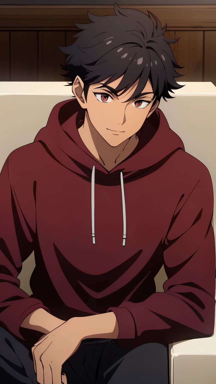 Tan skin, dark colored skin, black skin color, (high-quality, breathtaking),(expressive eyes, perfect face) portrait, 1boy, male, solo, adult, age 20, maroon colored eyes, dull maroon eyes, wearing black hoodie, cool black hoodie, wearing modern black hoodie, cheeky grin, sly smile, closed mouth sly smile, black hair, black hair with sides faded, short lock hairstyles, looking towards viewer dreamily, big masterpiece, best quality, extremely detailed CG, beautiful detailed eyes, ultra-detailed, intricate details:1.2), 8k wallpaper, elaborate features, glistening shiny, glowing light, ray tracing, HDR, deph of field, (perfect face), HD, perfect lighting, ((beautiful detailed eyelashes)), siting in a fancy chair, wearing black