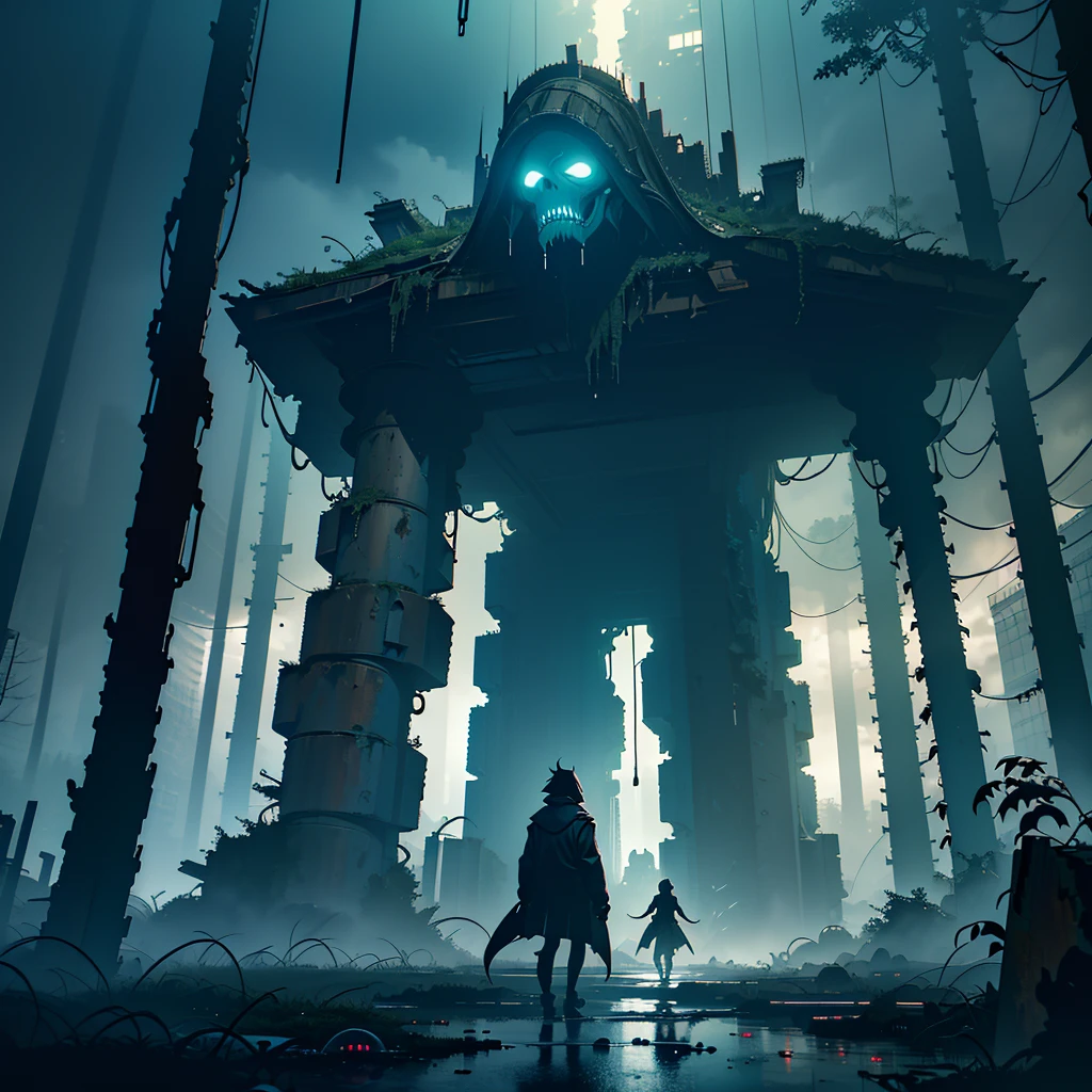 (best quality,4k,8k,highres,masterpiece:1.2),ultra-detailed,(realistic,photorealistic,photo-realistic:1.37),horror,concept artists,sci-fi,landscape,RGB color grading,dynamic lighting,night scene,Rick and Morty,alien creatures,creepy atmosphere,extraterrestrial environment,slimy textures,menacing tentacles,disturbingly realistic monsters,ominous shadows,dystopian cityscape,futuristic technology,foreboding sky,otherworldly architecture,dissonant color palette,interdimensional portal,humanoid figures with elongated limbs,unsettling expressions,shattered buildings,post-apocalyptic debris,crimson glow,abandoned streets,multilayered city,chaotic atmosphere,energy pulses,crackling electricity,torrential rainstorm,dramatic lightning strikes,heavy mist,murky reflections,ominous figures lurking in the shadows,uneasy tension,parallel dimensions,warped reality,rickety wooden sign,prohibitive warning,overgrown vegetation,ominous plants,enigmatic symbols,imposing gateway to unknown realms,ancient ruins,haunting echoes,void of silence,desolation and decay,cosmic horror,endless void,mysterious artifacts