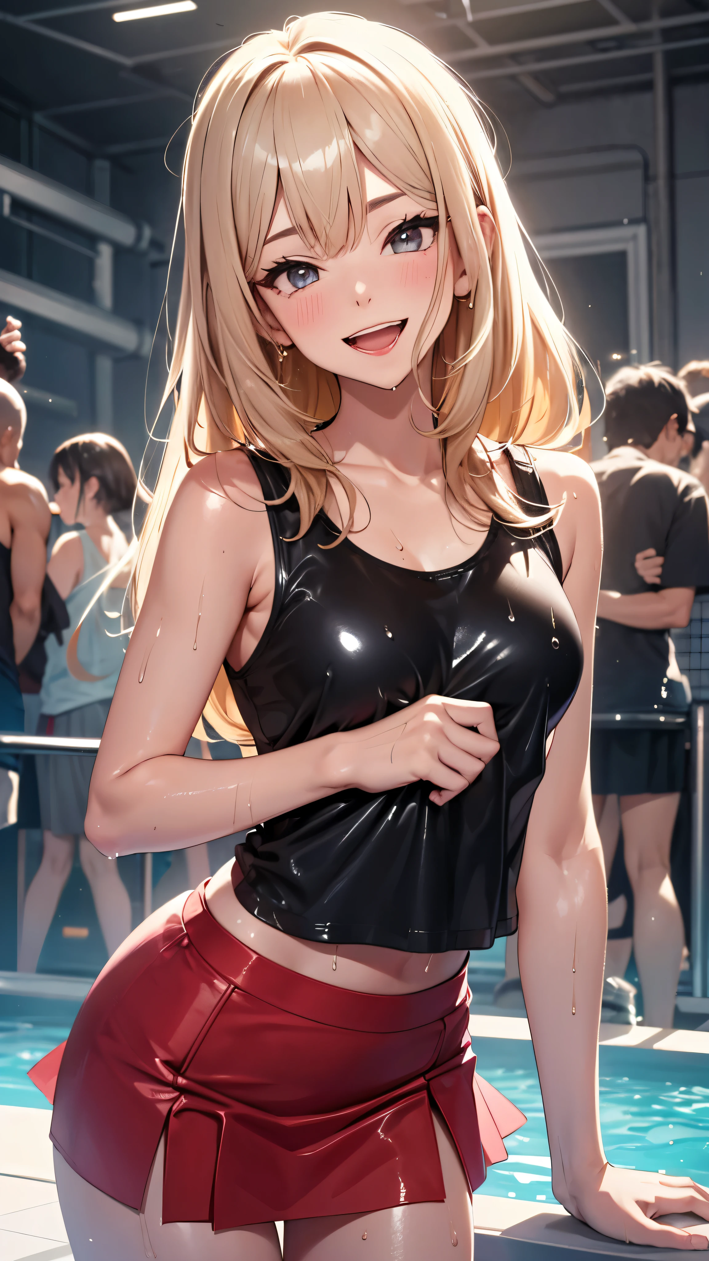 1 female,golden hair,25 years old,(((blue shiny micro tight skirt)))((white tank top))(((blush、open mouth smile)),(((straight hair))),(((portrait))),crowd,,(wet with sweat)(sexy black bra and see-through tank top)()(((small breasts)))