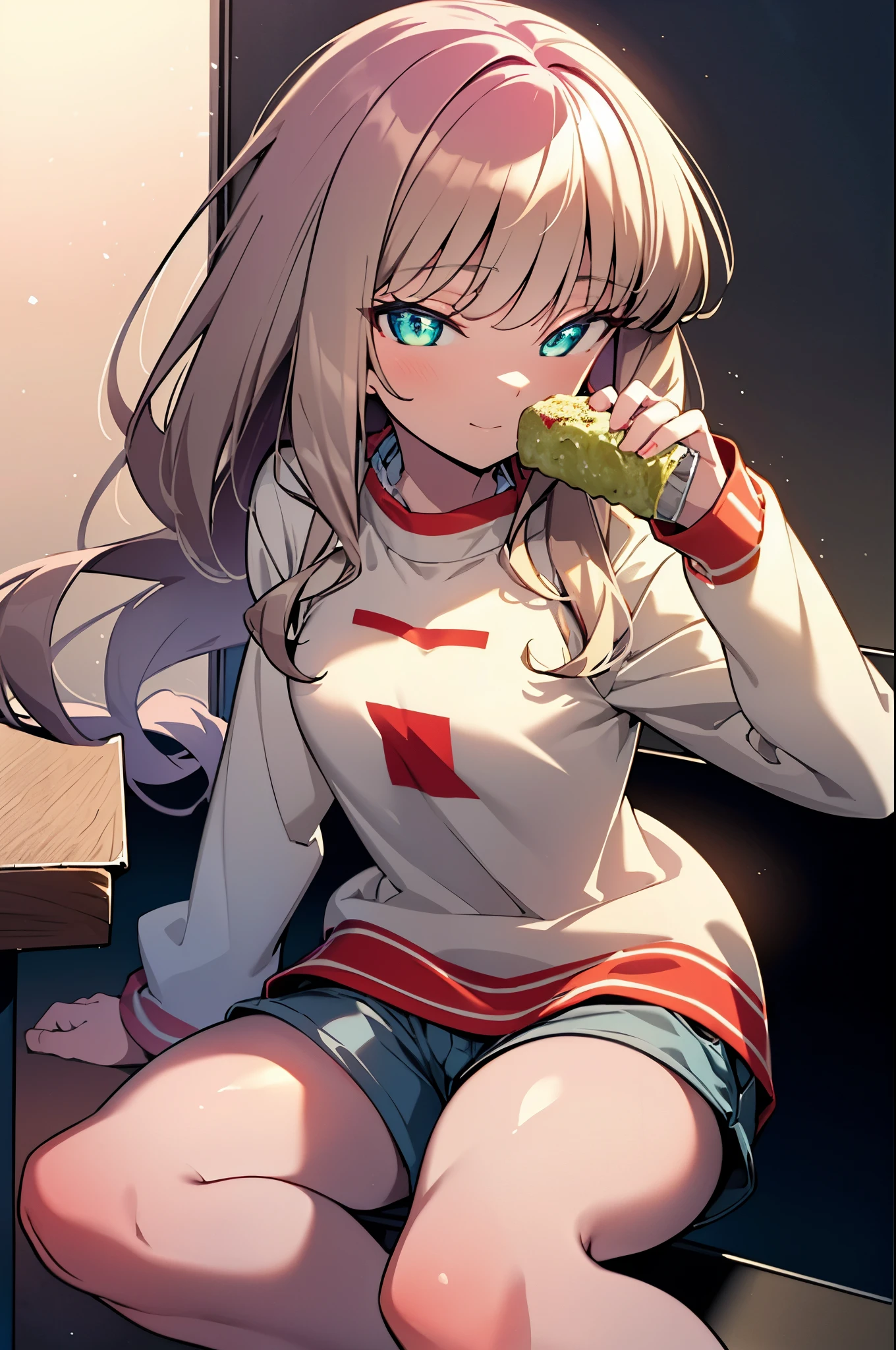 8k,highest quality,masterpiece,Southern dream bud,Southern dream bud　sss dynazenon,brown hair,long hair,green eyes,short braided hair, low ponytail,blush,smile,white oversized sweater,shorts,White pantyhose,short boots,open terrace,restaurant,food is placed on the table,sitting in a chair,(masterpiece:1.2), highest quality, High resolution, unity 8k wallpaper, (shape:0.8), (beautiful and detailed eyes:1.6), highly detailed face, perfect lighting, Very detailed CG, (perfect hands, perfect anatomy),