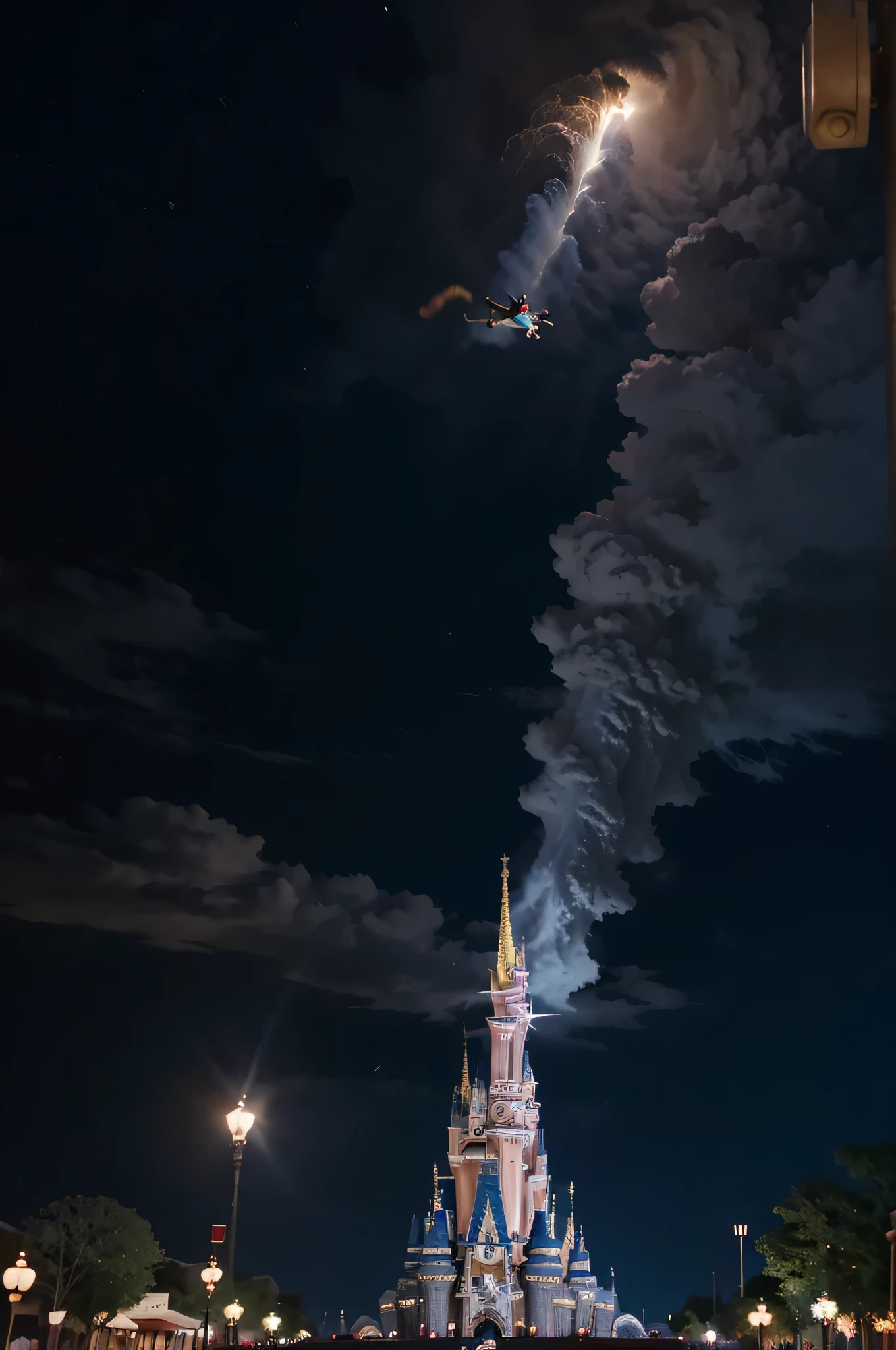 1guy (Bob Iger), caught in a tornado at Disneyworld, holding on tightly to a light post, Disney characters flying all about in the background, masterpiece, 35mm, 4k