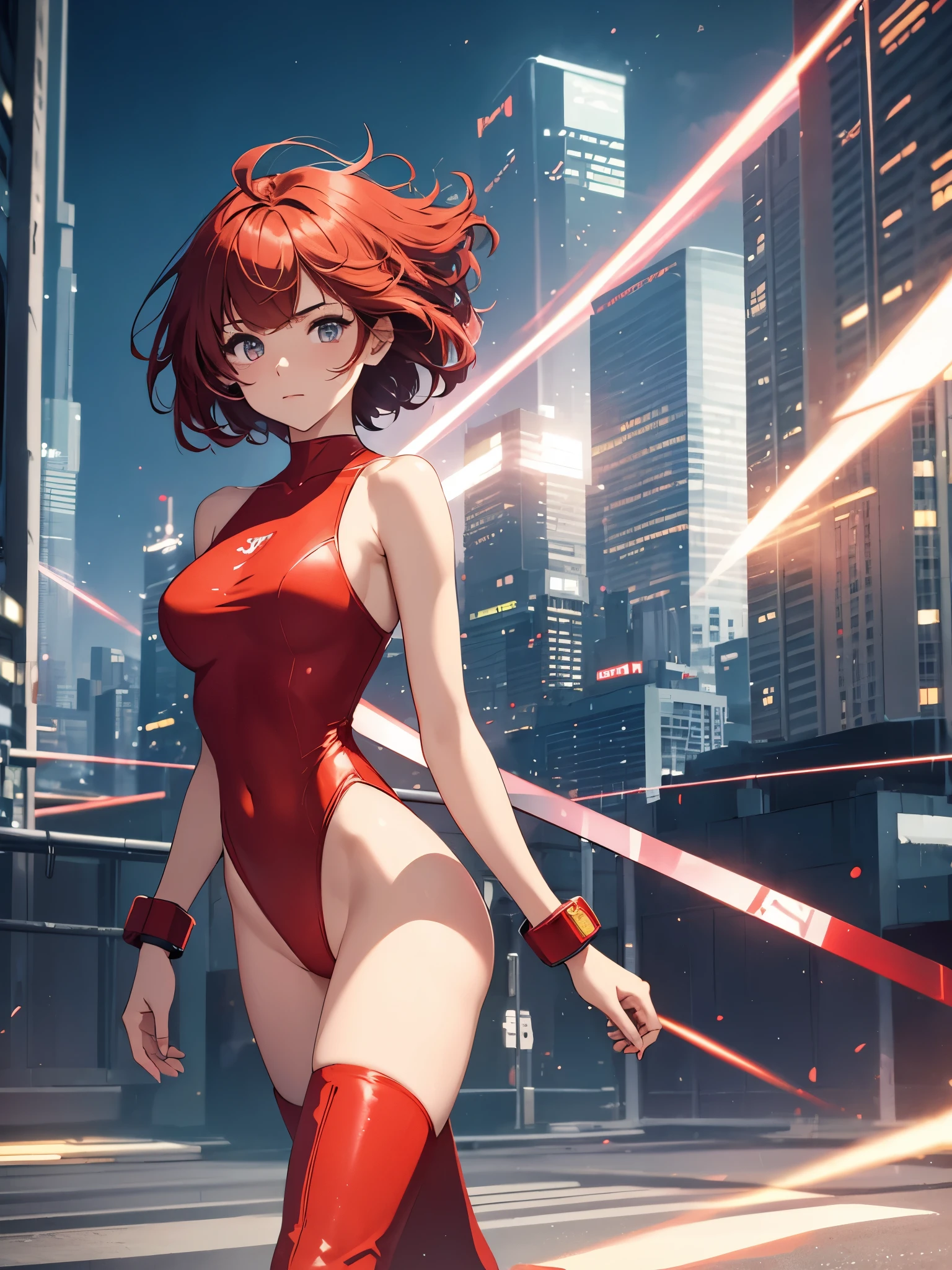 masterpiece, best quality, 1girl, medium breasts, leotard, red leotard with white accents, sleeveless, midriff, bare legs, boots, matching boots, bracelets, city backdrop, solo, single, standing, full body shot, cowboy shot, beautiful detailed eyes, red hair, short hair, bob hair, superhero, glow, powering up, light particles