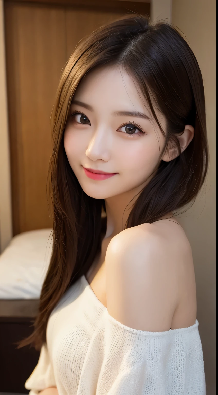 table top, highest quality, shape, Super detailed, finely, High resolution, 8k wallpaper, 完璧なダイナミックな構shape, beautiful and detailed eyes, off shoulder dress, small breasts, natural color lip,優しいsmile,20 year old girl、美しくdetailed face、perfect and beautiful face,Big eyes、美しくdetailed face、perfect and beautiful double eyelids、blur the background、Feminine poses、slim face and style、straight hair、Bedroom、lie in bed、 (get closer to the face, enlarge the face, face focus:1.0), break, (masterpiece, highest quality, Super detailed, detailed face, 8k)、real photos（best image quality）、shoot from above、look up、K-POPアイドルフェイス、smile