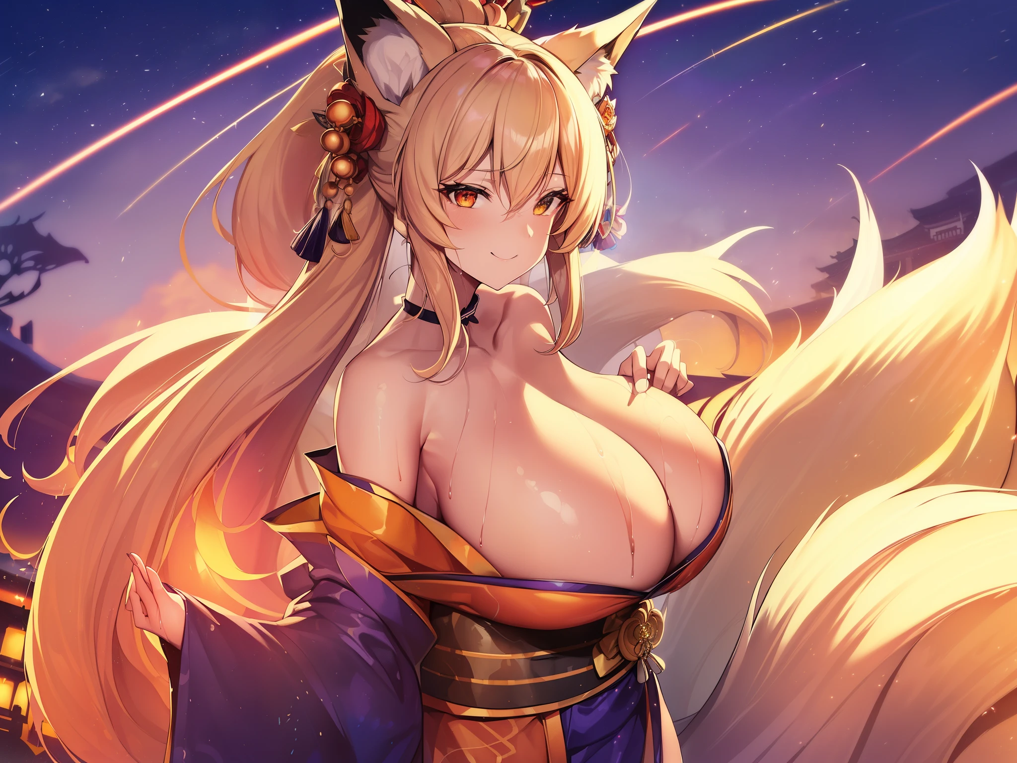 incredible resolution、muste piece++,highest quality++,super definition++, super definition++,4K++,8K++,(background focus)++, extremely detailed, Viewer's perspective、((Midnight神社))++、((九尾のfox))++, ((1人の九尾のfox)), ((((Ninetail))))++++, 、((((multiple tails))))++++,(((colorful kimono)))+++,(((colorful kimono)))++++,((A bewitching smile))+ +,((Furisode))++、((fox) ++,((Midnight))++,(pale flame) +,(monster change)、(orange golden gray hair), (super shiny hair and skin), (sunlight shines),((beauty)),(Big breasts that are about to burst_body: 1.5),(Big breasts that are about to burst:1.5), body, There is a cleavage in the chest, A sense of dynamism, A lively smile, Perfect eyes, perfect hands, perfect nose, magic battle dark, bright atmosphere, (wet effect) +, (light effects), (cinematic light) + , (Like a movie of light) +