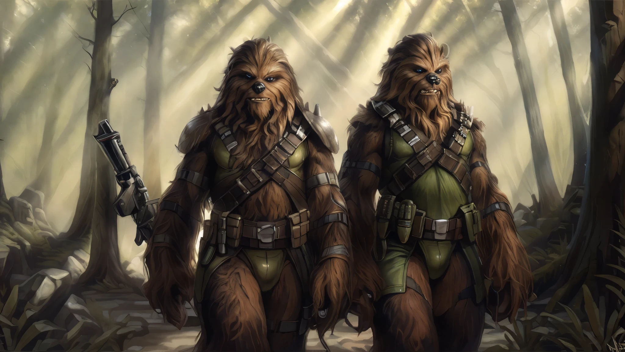 ((Two tall strong male wookies wearing green leotards with a utility belt)), front view, looking at viewer, back view, butt, thigh holster, lapels, folded collar, bandoleer, leather straps, tactical, Star Wars blaster, gun, dilf, wide hips, shoulder pads, 4K, Detailed Background, forest, bright sunlight, full view, full body view, full body in frame, detailed eyes, narrow eyes, realistic eyes, serious eyes, symmetrical eyes, by personalami, by ruardri, by thebigslick, by kenket