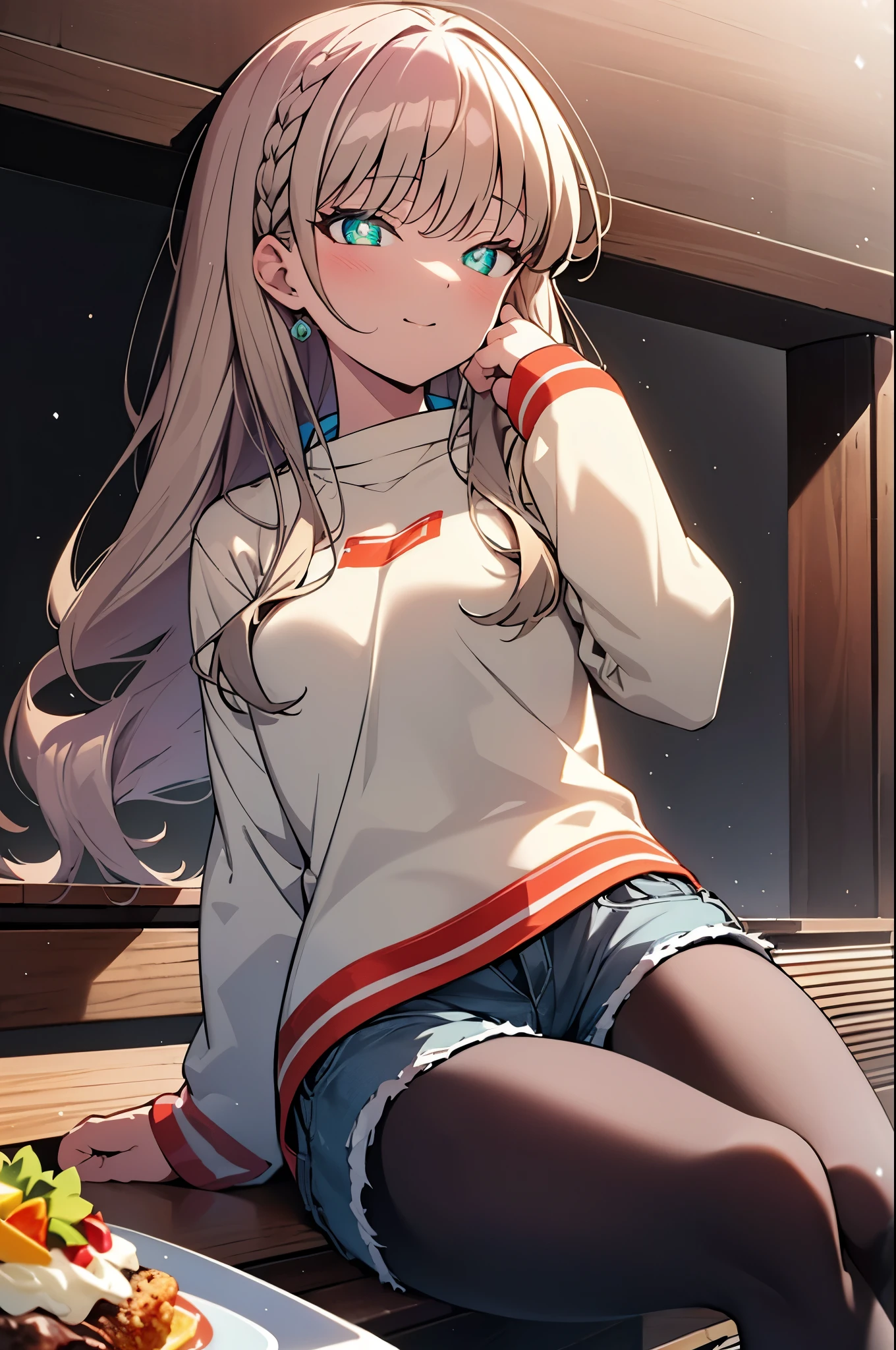 8k,highest quality,masterpiece,Southern dream bud,Southern dream bud sss dynazenon,brown hair,long hair,green eyes,short braided hair, low ponytail,blush,smile,white oversized sweater,shorts,White pantyhose,short boots,open terrace,restaurant,food is placed on the table,sitting in a chair,(masterpiece:1.2), highest quality, High resolution, unity 8k wallpaper, (shape:0.8), (beautiful and detailed eyes:1.6), highly detailed face, perfect lighting, Very detailed CG, (perfect hands, perfect anatomy),