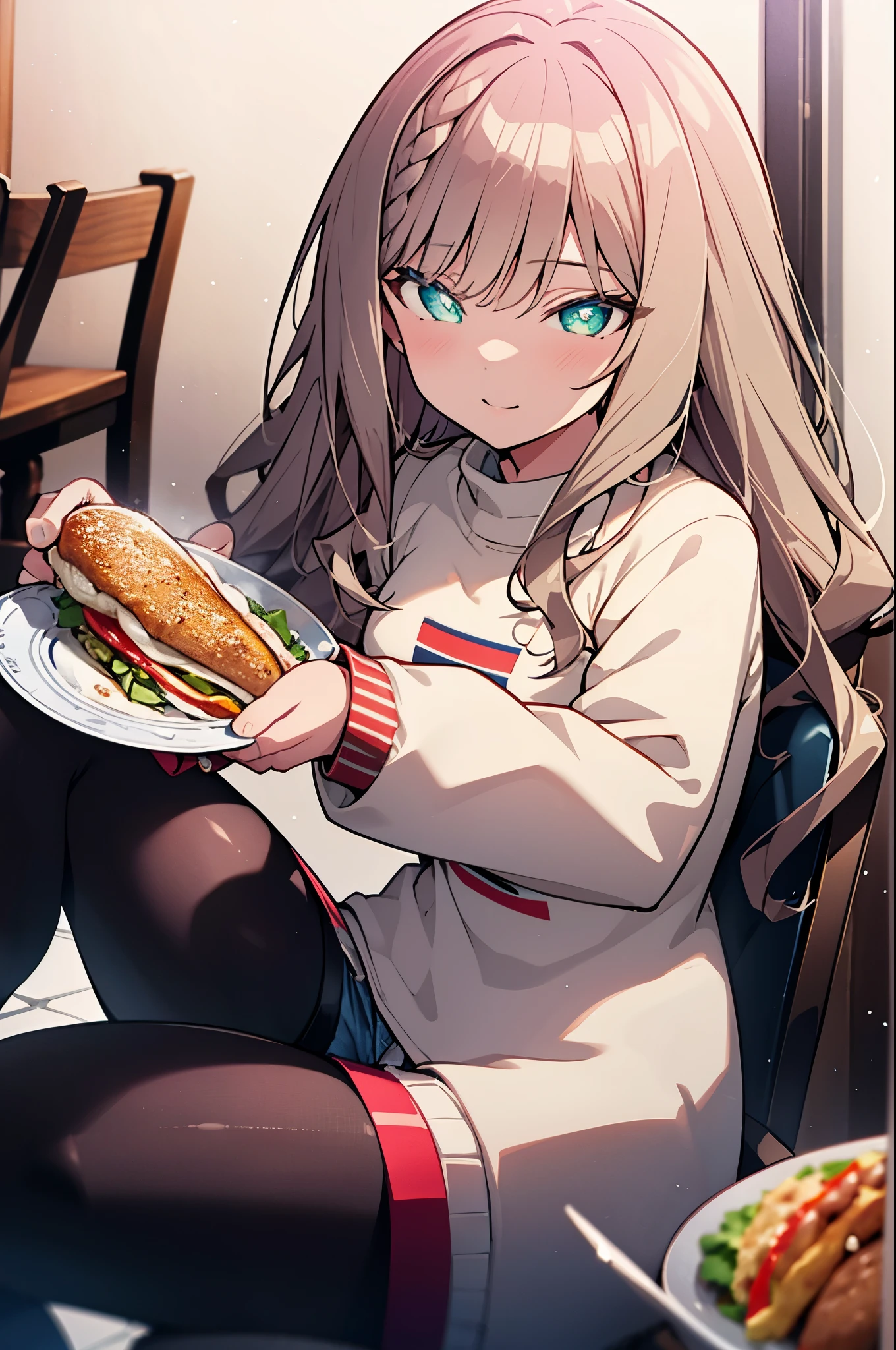 8k,highest quality,masterpiece,Southern dream bud,Southern dream bud　sss dynazenon,brown hair,long hair,green eyes,short braided hair, low ponytail,blush,smile,white oversized sweater,shorts,White pantyhose,short boots,open terrace,restaurant,food is placed on the table,sitting in a chair,(masterpiece:1.2), highest quality, High resolution, unity 8k wallpaper, (shape:0.8), (beautiful and detailed eyes:1.6), highly detailed face, perfect lighting, Very detailed CG, (perfect hands, perfect anatomy),