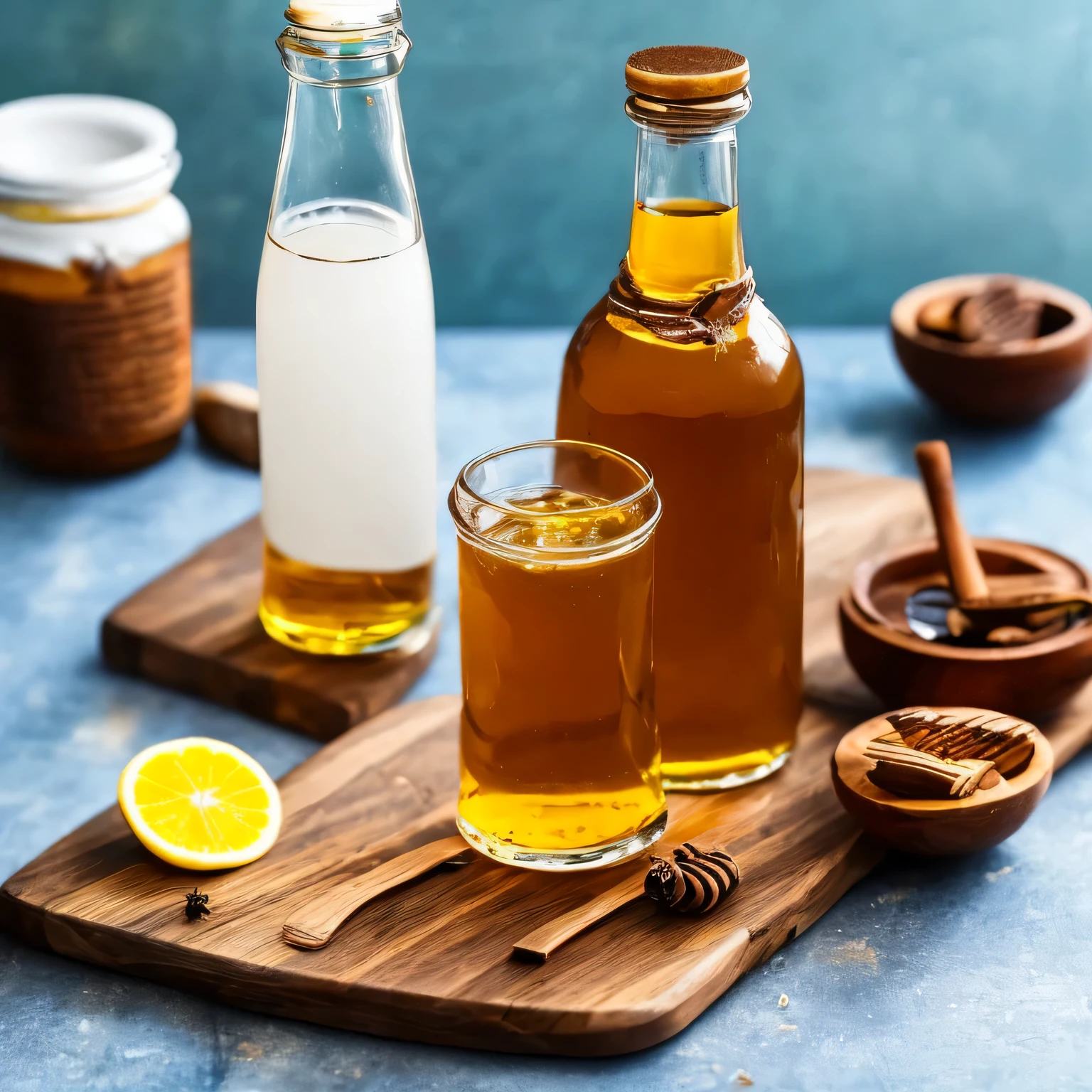 Make a 1 liter bottle of brown honey, with aloe vera leaves and a bottle of cachaça next to
