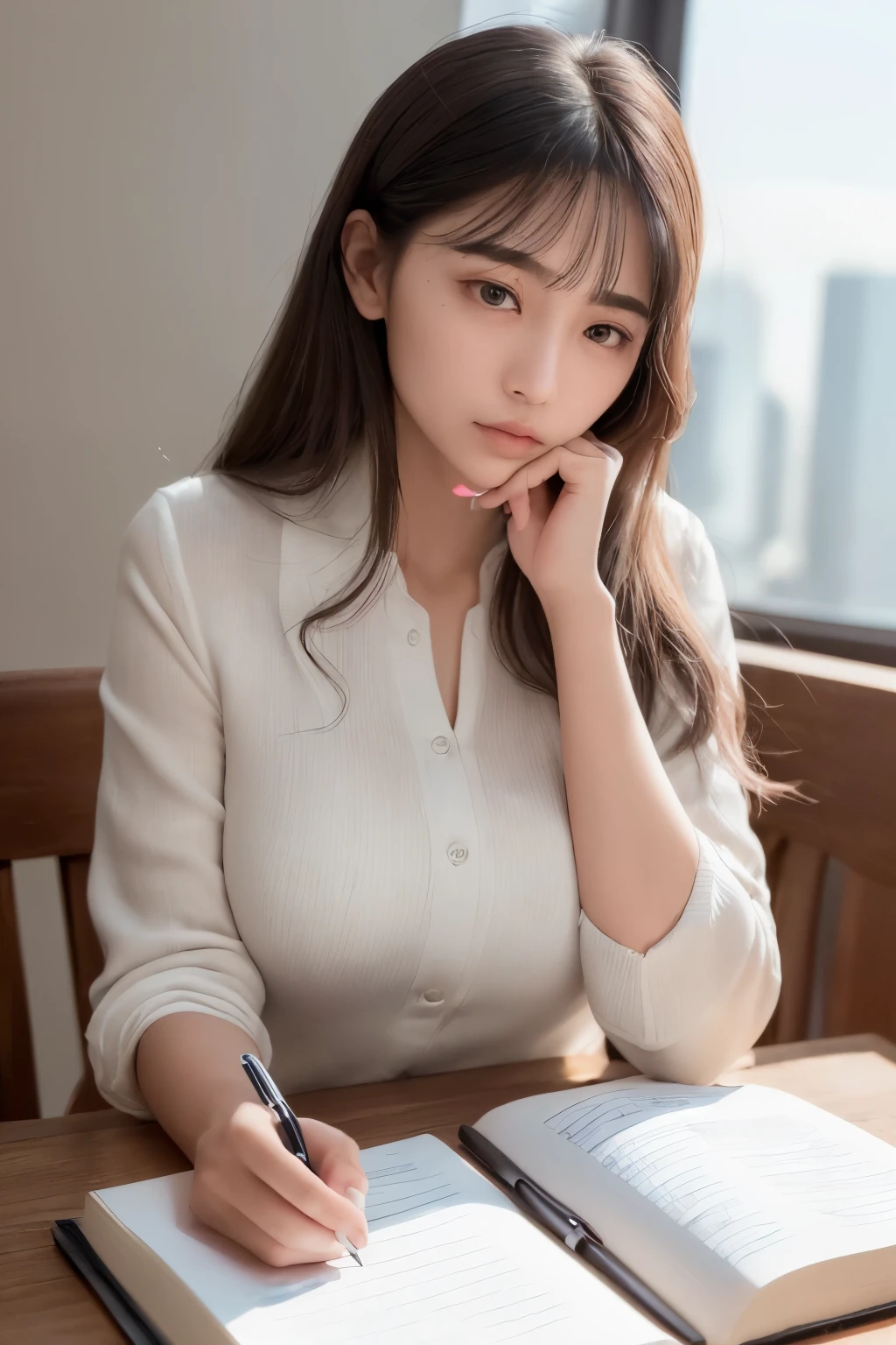 (Masterpiece, top-quality, high resolution: 1.2), (Company philosophy: "Focus on the goal, excellence"),
A focused and determined woman, (chest forward, piercing gaze), sitting at her desk, (pens in hand, notebook open), surrounded by books and documents, (background blurred). (8K, RAW photo, best quality, masterpiece: 1.2), (realistic, photo-realistic: 1.37),
Embodying the spirit of concentration and striving for perfection, she raises her gaze to the horizon, as if to firmly plant her resolve, (jaw set, forehead creased). Every detail present in this