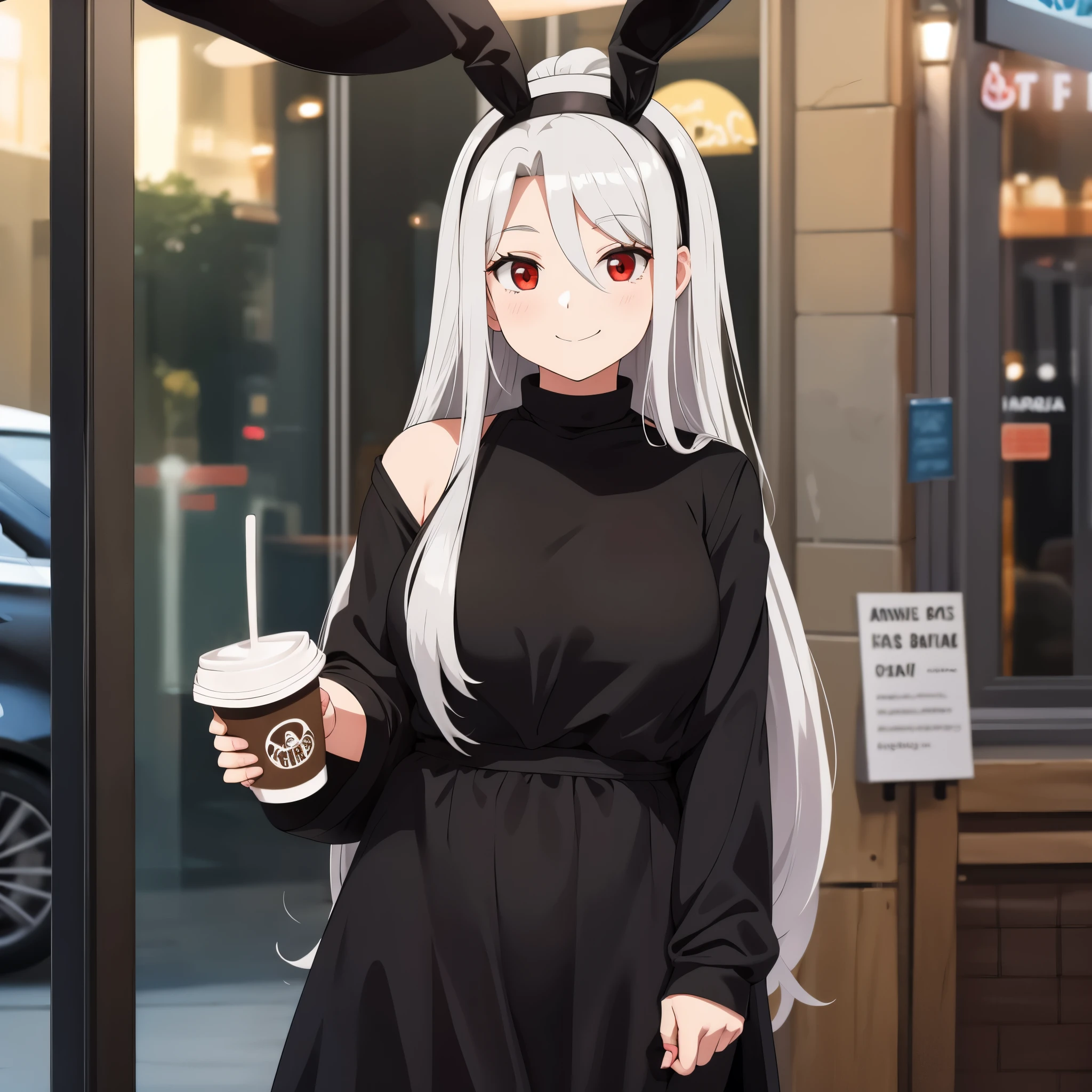 a woman in black casual clothes, silver hair, red eyes, bunny tiara, smiling, outside a coffee shop.