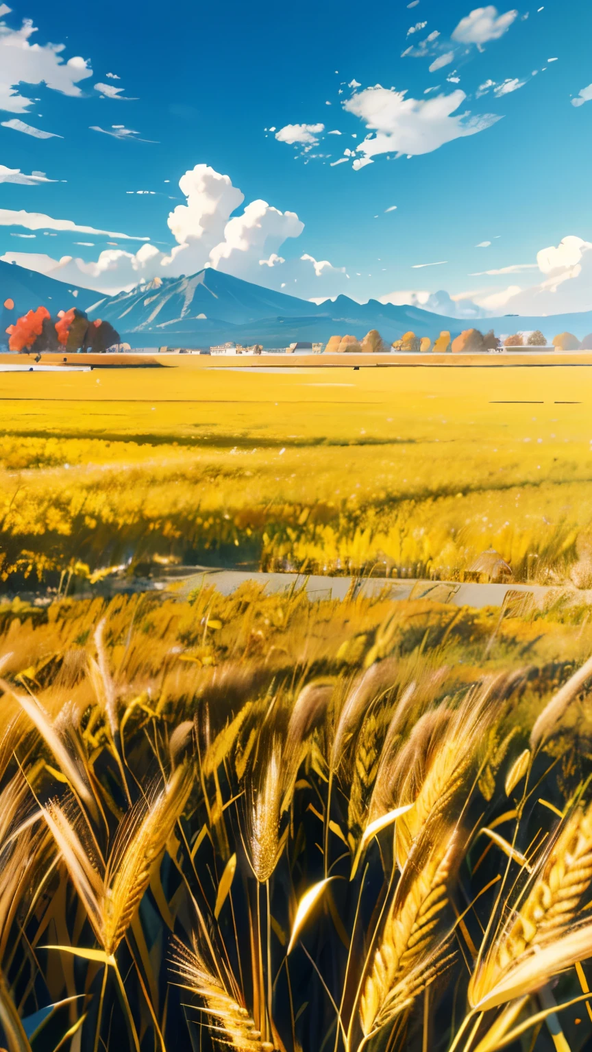 Autumn，（beginning of autumn），（Light yellow wheat field close-up）（Mai Lang），Cyan mountains in the distance，Pale yellow fallen leaves flutter in the air，with blue sky and white clouds，（Clean picture），The picture brings an elegant and relaxing feeling，Add a natural calm and unique atmosphere，low perspective，（depth of fields），（ssee-through），Normal composition，（Simple），（8K），High quality and clarity，hyper HD，（best qualtiy）