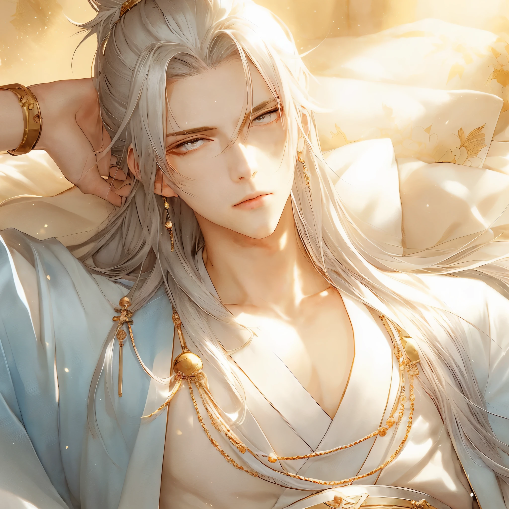 A mature adult man, long white hair, wavy hair. dark black skin. golden yellow eyes. He wears white long robes, no gold, all white. Hair tied up in a ponytail with braids. Showing chest. Handsome guy, detailed eyes, detailed face, detailed hands, he looks at the viewer. Full figure. Background a forest. sitting down.
