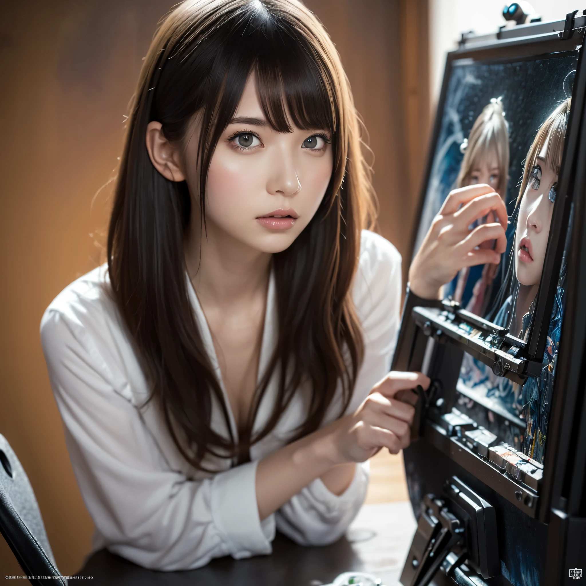 Best Quality, masutepiece, symmetric highly detailed eyes, girl, Highly detailed background,  Trend On (art  stations:1.46), hyper realisitic, Cinematic lighting, Studio Quality, 8K resolution, masutepiece, In the style of Pixar, Tristan Eaton Stanley Artgerm and Tom Bagshaw