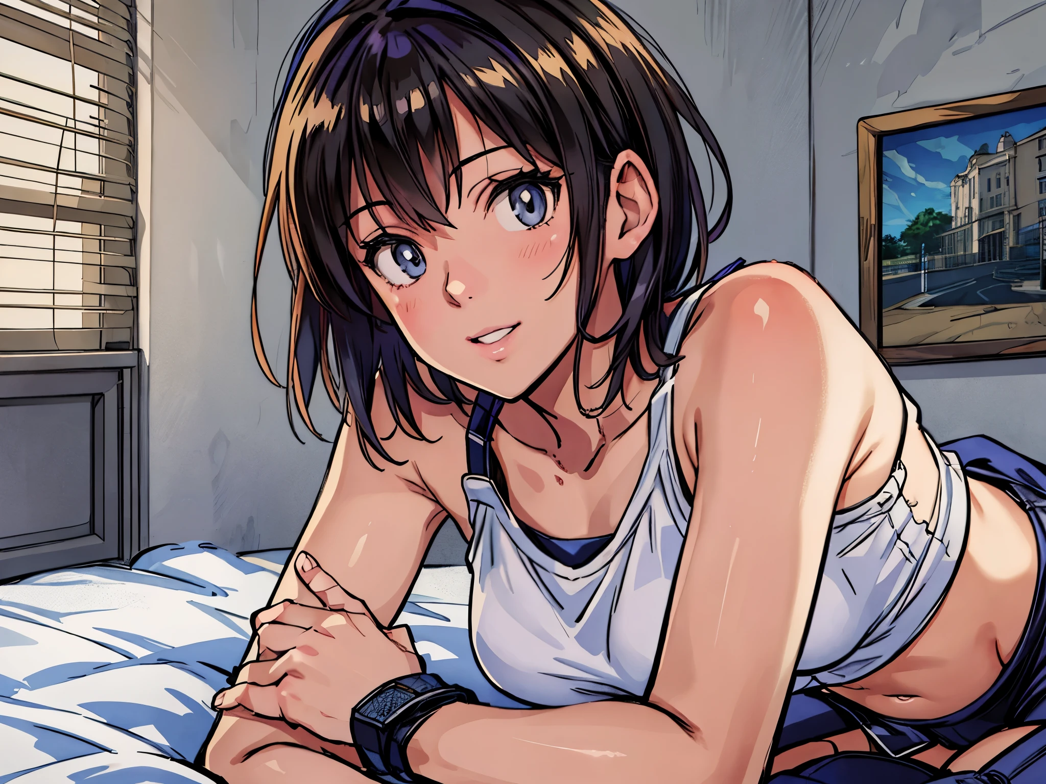 (Best Quality,4K,8K,hight resolution,masutepiece:1.2), Ultra-detailed, (Realistic,photoRealistic,photo-Realistic:1.37),((inside the room)),(full body)),((lying on the bed)),((slender body)),((very-short-hair-girl)),watery eyes,smile,grin,((sports bra and black leggings)), wristbands,fingerless-glove,socks,sneakers,Beautiful detailed eyes, Beautiful detailed lips, extremely detailed eye and face, long eyelashes, Realistic anime 3D style, Smooth Anime CG Art, Digital rendering by Makoto Shinkai, Moe Anime Art Style, photoRealistic rendering of an anime girl, Shinkai Makoto style, Cute anime girl visuals, Realistic young anime girl, girl fan art, Created by Anime Artist'studio of.