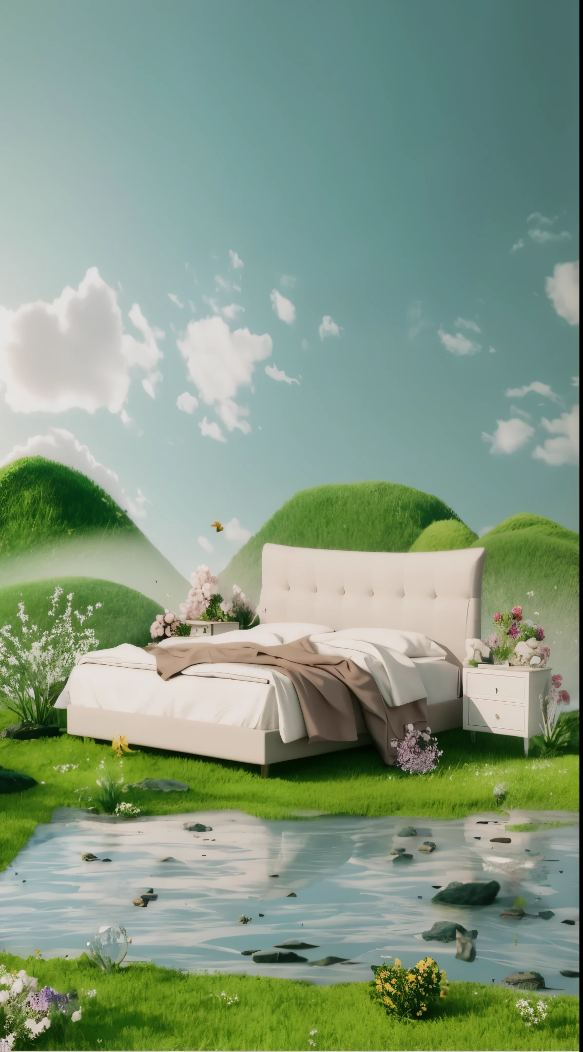 There is a bed full of flowers on the grass, Beautiful landscape rendering, Soothing and comfortable scenery, dreamy scenery, Beautiful composition 3-d 4k, Unreal Engine ; romantic theme, happy scenery, Hyperrealistic 3D rendering, in a surreal dreamy scenery, Dreamy atmosphere 8k, bedroom background, 3D rendering and matte, surreal dreamy scenery