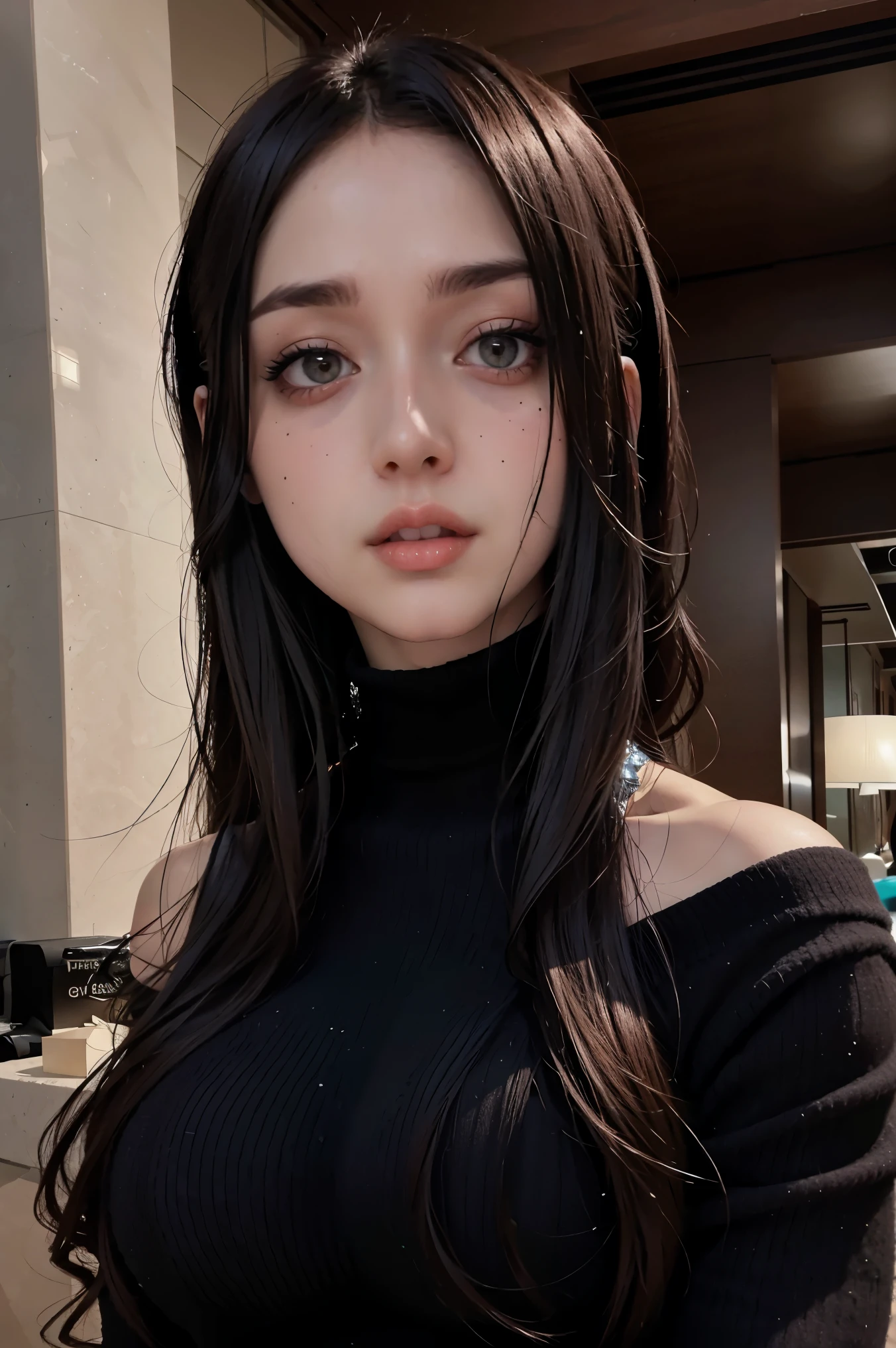 A stunning and intricate full color portrait in Ultra-HD, 33 year old girl, detailed face, makeup, long black hair, black eyes, wearing a black turtleneck, epic character composition, alessio albi, nina masic, focus sharp, natural lighting, subsurface dispersion, f2, 35mm