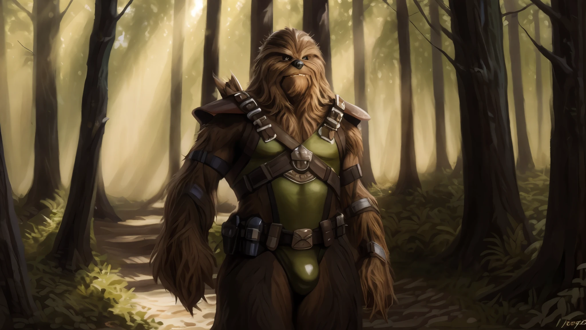 ((solo tall strong male wookie wearing a green leotard with a utility belt)), back view, butt, fat ass, backsack, bulge, furry butt, thick thighs, thigh holster, bandoleer, leather straps, tactical, Star Wars blaster, gun, dilf, wide hips, shoulder pads, 4K, Detailed Background, forest, bright sunlight, full view, full body view, full body in frame, by personalami, by ruardri, by thebigslick, by kenket