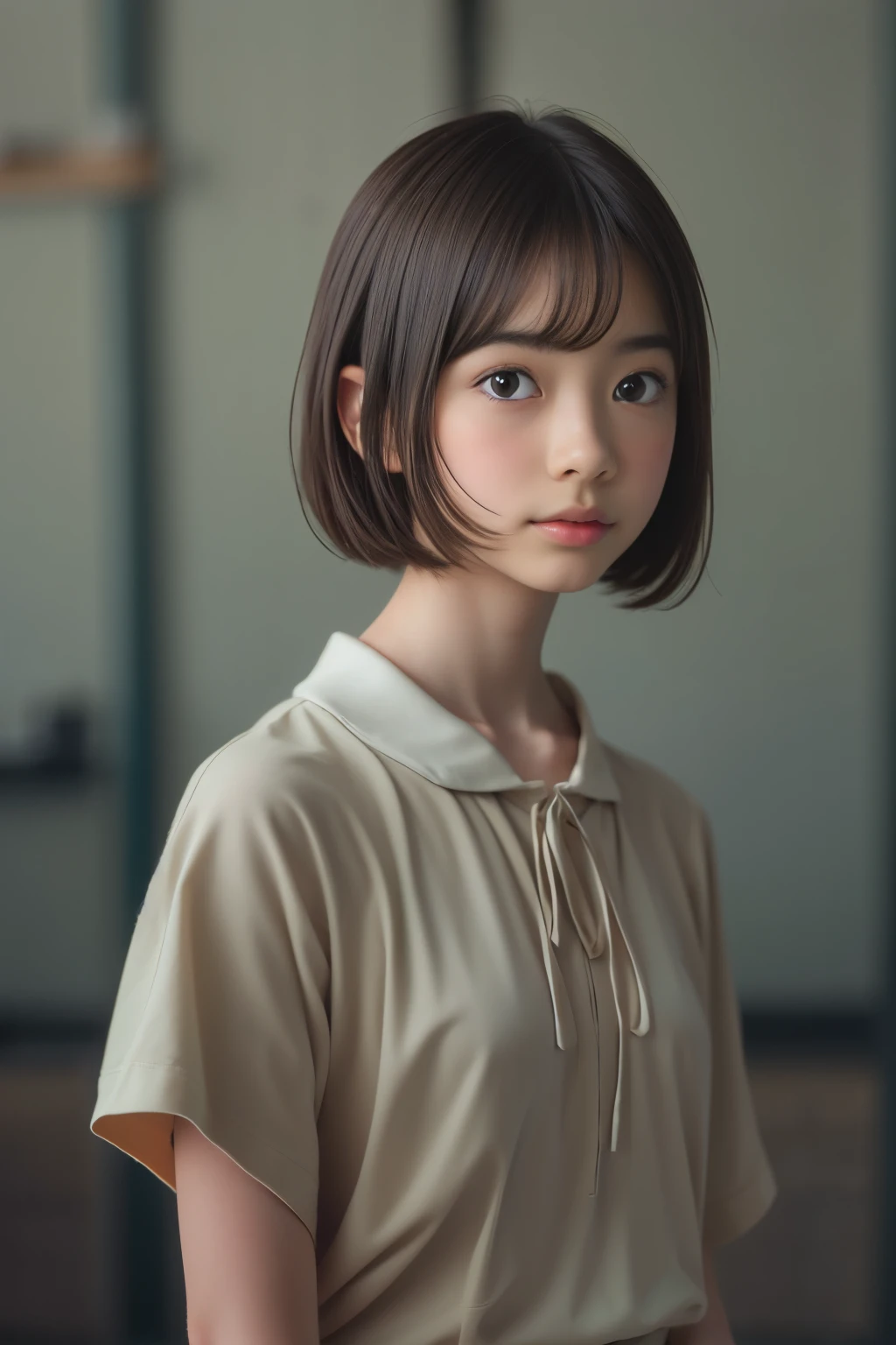 Ultra High Resolution, (Realistic: 1.4), RAW Photo, Best Quality, (Photorealistic), Focus, Soft Light, ((15 years old)), ((Japanese)), (Front, Young Face))), (Depth of Field), (One Piece), Masterpiece, (Photoreal), Woman, Bangs, ((short hair, 1 Girl))