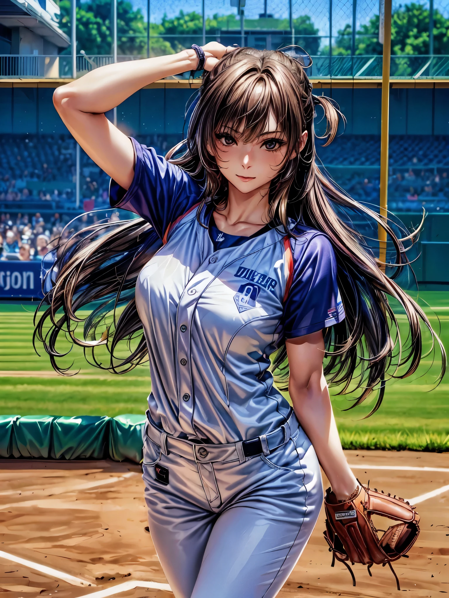 (top quality、masterpiece、very high resolution、Ultra high quality、High quality pixels)、perfect eyes, perfect face, alone，8k, Big breasts，(Detailed description of hair), (Detailed description of face),(detailed description of body), Fair and translucent skin, gorgeous, long legs, facing the audience, Professional photography lighting，Detailed brown eyeball, Dark brown hair，baseball outfit, baseball field, cowboy shot, energetic, ssmile