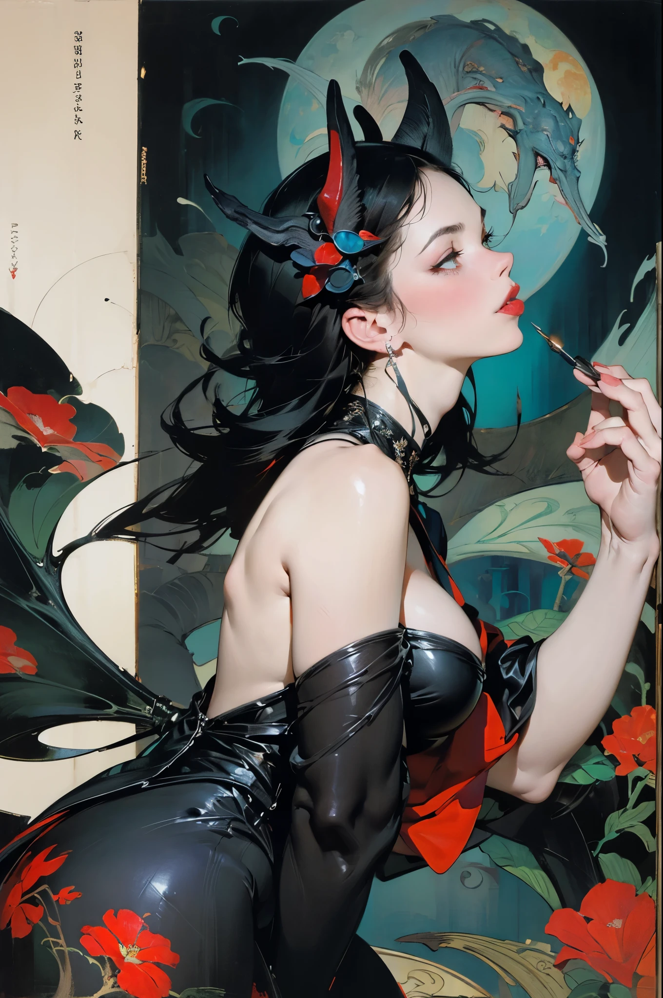 monochrome,weight,NSFW,upper part of body,A nude devil woman with a black and white body stocking dress holding a red lipstick,Satan,Succubus,blue eyes,Clothes detailed patterns,posture,spread legitimacy,Detailed gothic background,dark fantasy background,Inspired by Robert McGinnis, Inspired by Gretel Stern, Takato Yamamoto’s style, Guido Crepax, Guido Crepax-style, with hands, Vanya Zoravlev, Inspire by Leonor Fini, long furry tail, Inspired by Takato Yamamoto.Inspired by Klimt and Mucha. beautiful eyes, Beautiful and delicate lips, Extremely detailed eyes and face, Long eyelash quality:1.2), Super detailed, (actual:1.37), painting, color contrast, high resolution, black and white dress, red lipstick, Inspired by Robert McGinnis, Inspired by Gretel Stern, Yamamoto Takashi style, Guido Crepax style, with hands-Inspire, Vanya Zoravlev-Inspire, Leonor Fini&#39;Inspire, long furry tail-Inspire, Inspired by Takato Yamamoto, bright colors, dramatic lighting, eye-catching composition, fun atmosphere, Feminine elegance.Forged，painting，Impressionism