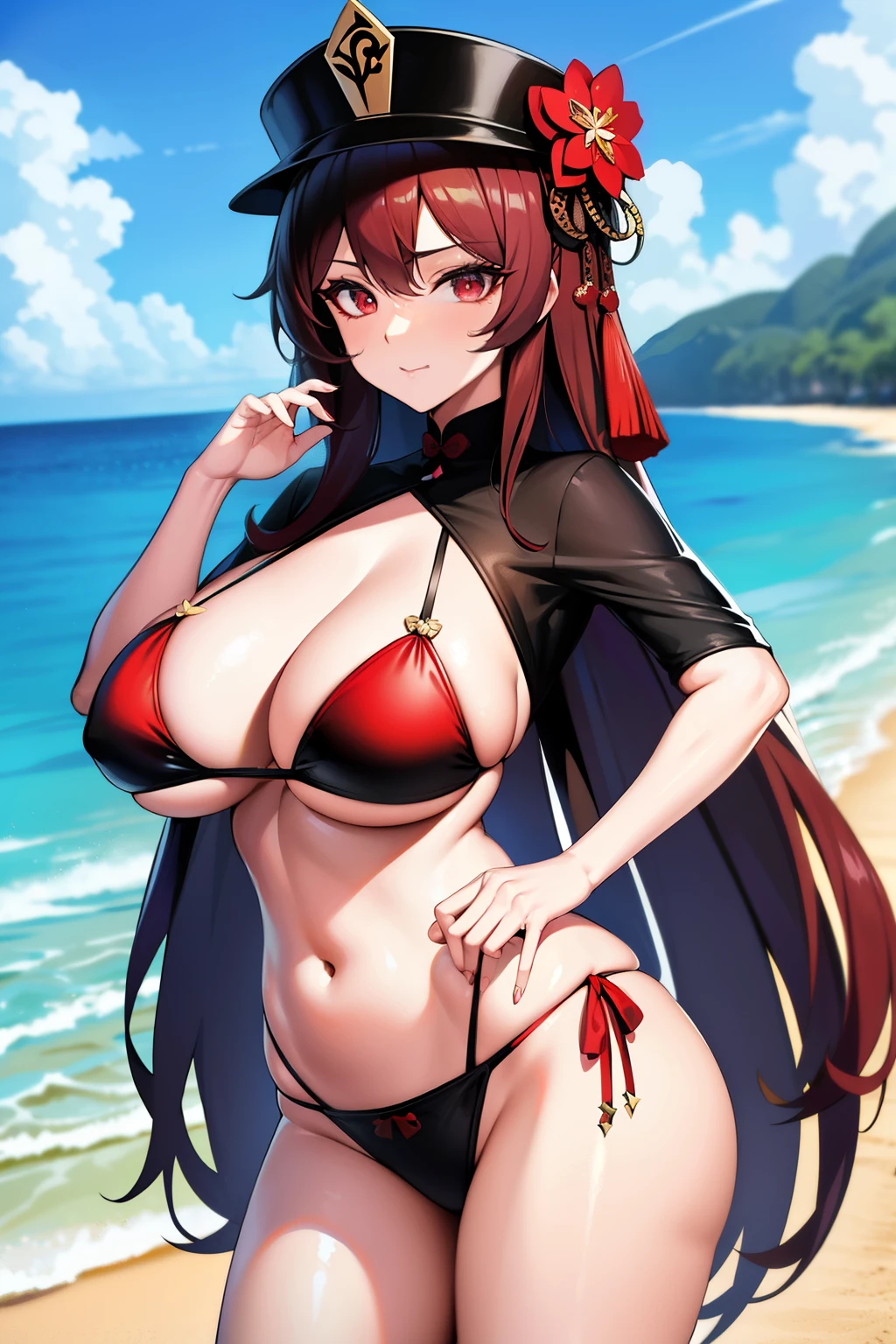 2d, tmasterpiece, best qualtiy, anime big breast, highly detailed eye, Highly detailed face, highly detailed back ground, perfect litthing, cowboy lens, 1girll, solo, standing on your feet, beachside,Bikini style,huge boob,hu tao\(genshin impact\), pupils in symbol shapes, flower shaped pupils, Hats, red flower, red eyes, SakuraNS,