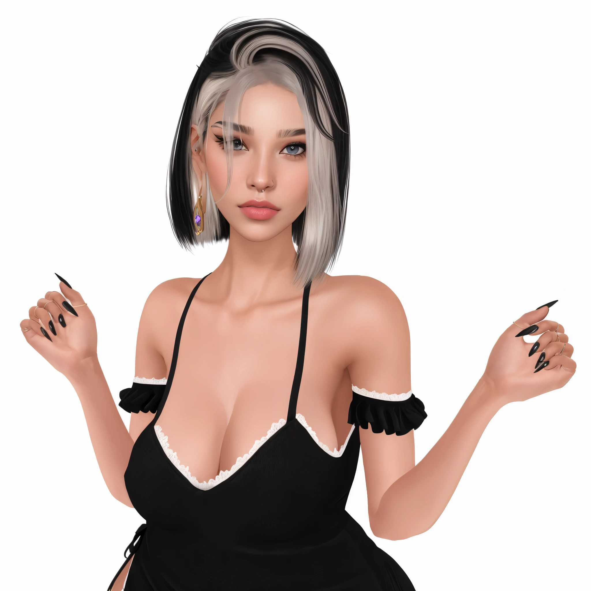 a close up of a woman in a black dress and a black hat, (((louco))) princesa , pose de perfil glamouroso, elitedangerous 💙💜 ornate ︎, sensual expression, pele bronzeada, elegant glamor pose, fazendo beicinho, pose elegante, lazy |, ! cabelo em dois tons! tingir, corpo inteiro realista, pose do mal, sensual expression, detalhes hiper-realistas, estilo hiper realista, roupas muito detalhadas e ricas, forma corporal realista, estética artstation, estilo hiper realista, estilo de arte fotorrealista, highly detailed rendering, realistic rendering, altamente detalhado, | | sombreado realista