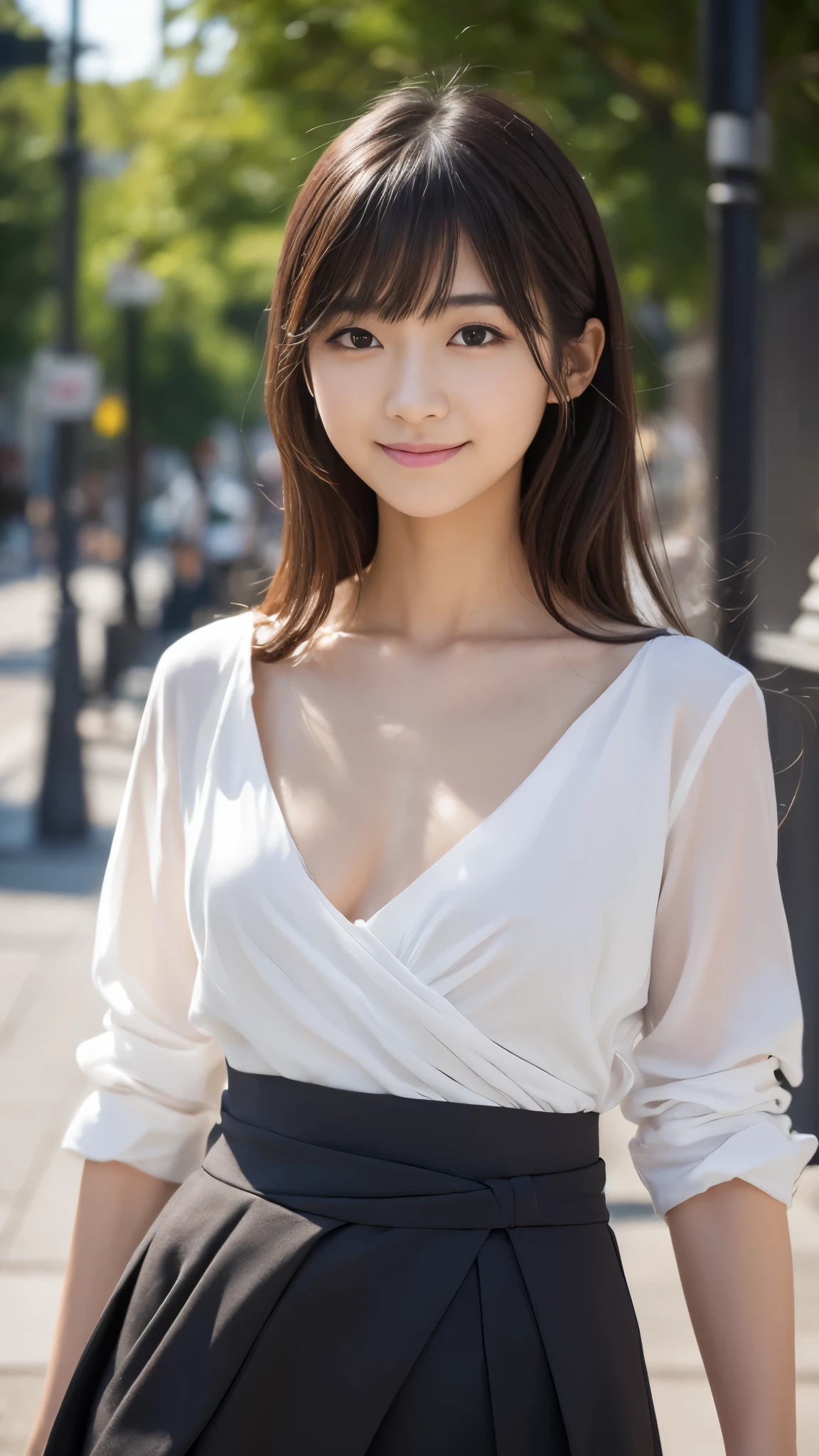 1 female,18-year-old,(numerical portrait:Mayu Yokota, Yuko Araki),black eye,beautiful face,(thin skeletal surface+delicate features、),非常にdetailed face,(delicate Japanese makeup), black eyelash curls for long hair,(messy and layered, by bangs), smile,Please look into the camera,fair and smooth skin,(optimal skin type:1.21),(clavicle:1.2),slim fit suits for women,V neck white short shirt,(deep v neck,big breasts),short hip wrap skirt,(realistic close-up photo of woman),thin waist、long legs,(slim body shape),street,((Hasselblad Photos)),surreal pictures, Physically based rendering,professional lighting,exquisite details,detailed face,the picture is pure,perfect hands,perfect posture,ultra fine makeup,ultra-fine clothing material、live action、smile and stand up straight