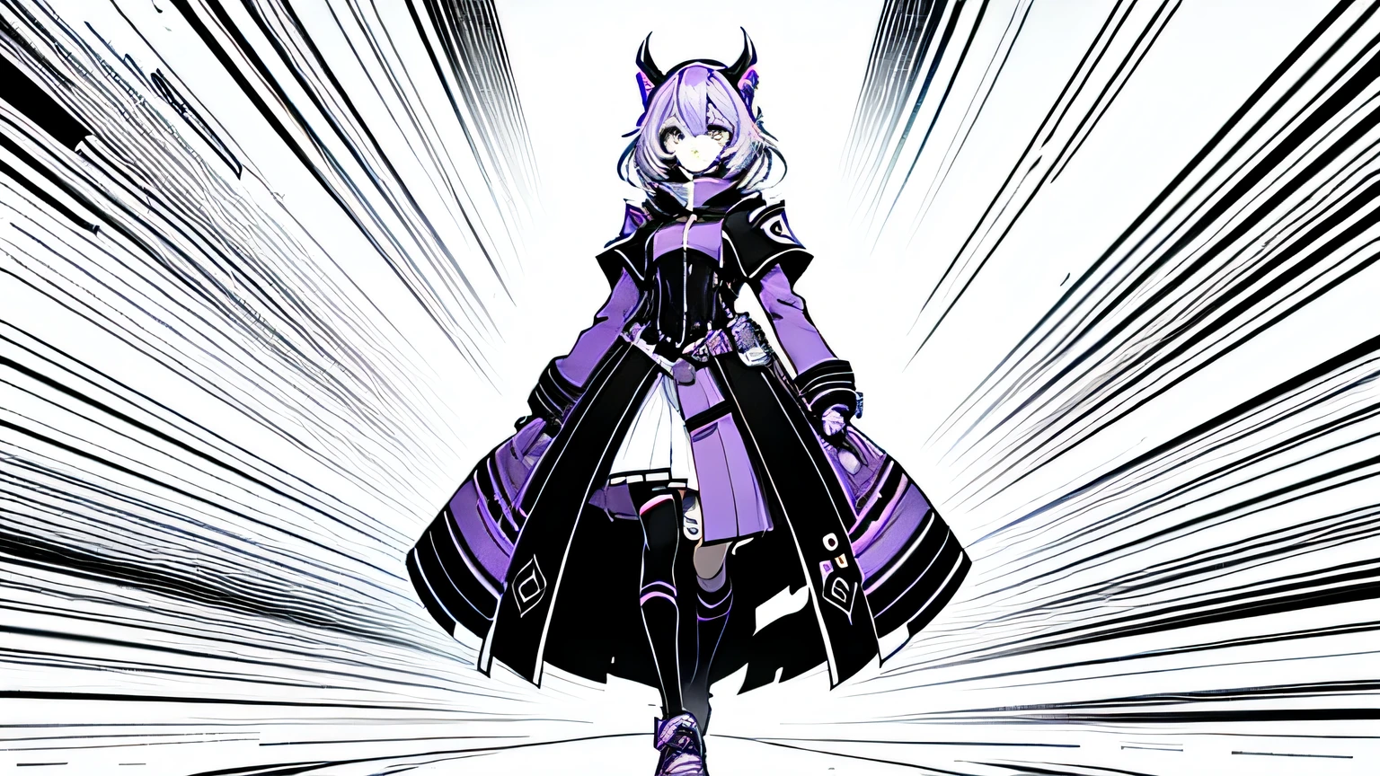 1 girl, full body, facing camera, lineart, purple background with black line art, 1 color
