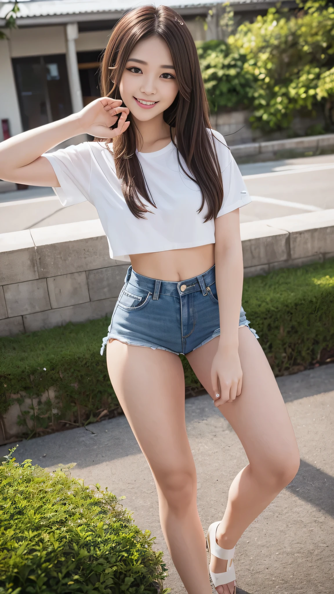 8K quality、best image quality、超A high resolution、masterpiece、Photoreal、RAW photo、超A high resolution、Japan 21 years old、、dynamic angle、cowboy shot、smile、smile、すばらしいsmile、The most beautiful things form chaos、elegant、Brutalist design、bright colors、short bob、smile、glossy white skin、beautiful eyes、very thin lips、細部までbeautiful eyes、beautiful double eyelids、bright chestnut hair、garden、Daytime outdoors、whole、black crop top、hot pants、Photographed from various angles、various poses、full body photo,Only one shot,
