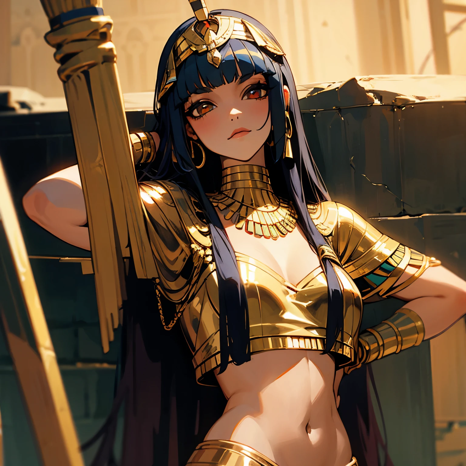 (Original Character,8k, Masterpiece, Best Quality,Detailed, Beautiful Detailed Eyes, solo),1woman,50 years old,neutral face,tall,mature female,egypt black and golden outfit,black hair,long hair,yellow eyes,Cat ears,((sitting on a throne on a Egyptian castle,gold jewels around)),(colored skin,Extremy black skin,vanta black skin color),cowboy shot