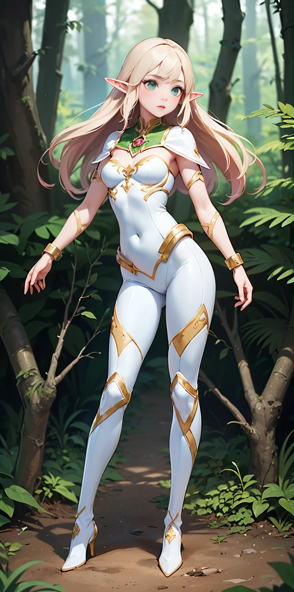 (masterpiece, best quality), (full body:1.6), standing (small fighting elven 1girl:1.6),(magical),(cute,adorable:1.3),blonde hair, green eyes, medium breast, beautiful, detailed, enchanted breastplate with precious gemstones, white thigh-high greaves, seductive pose, in a forest, magic flora, detailed face and eyes, volumetric light,(ultra quality skin:1.7)