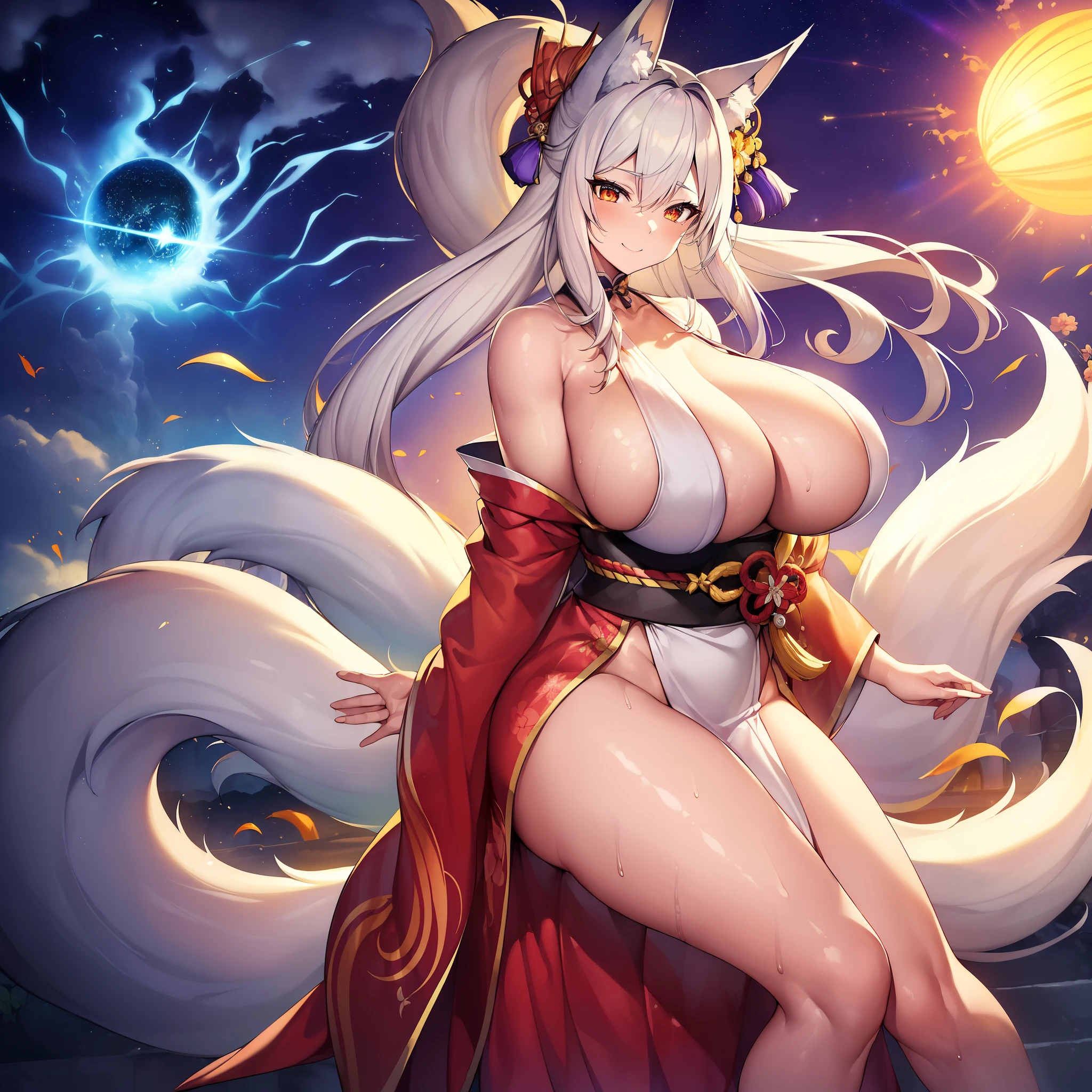 incredible resolution、muste piece++,highest quality++,super definition++, super definition++,4K++,8K++,(background focus)++, extremely detailed, Viewer's perspective、((Midnight神社))++、((九尾のfox))++, ((1人の九尾のfox)), ((((Ninetail))))++++, 、((((multiple tails))))++++,(((colorful kimono)))+++,(((colorful kimono)))++++,((A bewitching smile))+ +,((Furisode))++、((fox) ++,((Midnight))++,(pale flame) +,(monster change)、(orange golden gray hair), (super shiny hair and skin), (sunlight shines),((beauty)),(Big breasts that are about to burst_body: 1.5),(Big breasts that are about to burst:1.5), Muscular girl with clearly visible abs and muscles, Translucent ghost body, There is a cleavage in the chest, A sense of dynamism, (Abs cleansing and shaving, muscular muscular thighs) +, A lively smile, Perfect eyes, perfect hands, perfect nose, magic battle dark, bright atmosphere, (wet effect) +, (light effects), (cinematic light) + , (Like a movie of light) +