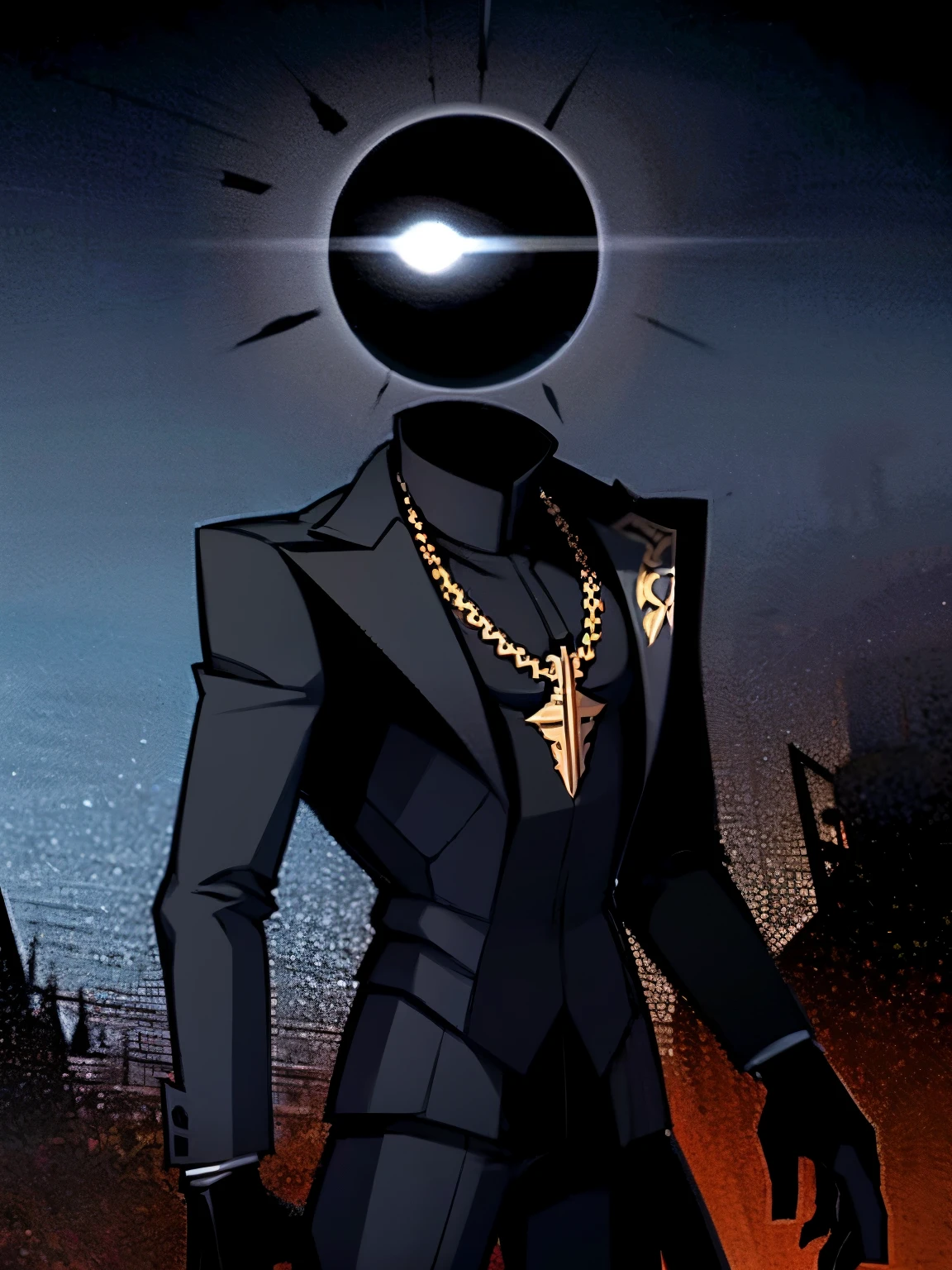 1man, dark suit, headless, black sun head, neckless, black skin, no eyes. God complex, serious, arrogant, skeptical.