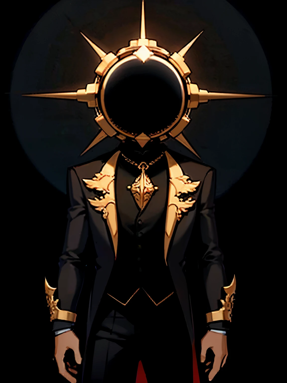 1man, dark suit, headless, black sun head, neckless, black skin, no eyes. God complex, serious, arrogant, skeptical.