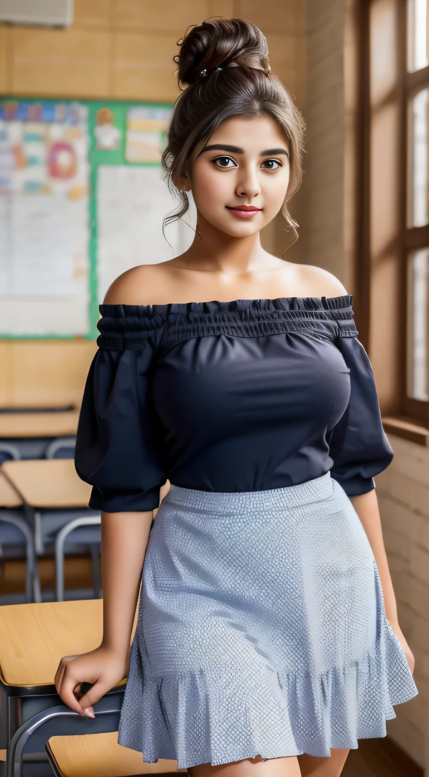 20yo  in school school photo in school masterpiece, (photorealistic:1.7), best quality, beautiful lighting,Eleanor Pakistani Woman 20yo Old Big Breasts Plus Size Model lipstick Bun lHair Bun Hair Hair Lifts Skirt Up Raised Skirt, wearing Polka Dot Off Shoulder Puff Sleeve Shirred Knot Ruffle Hem Dress. 