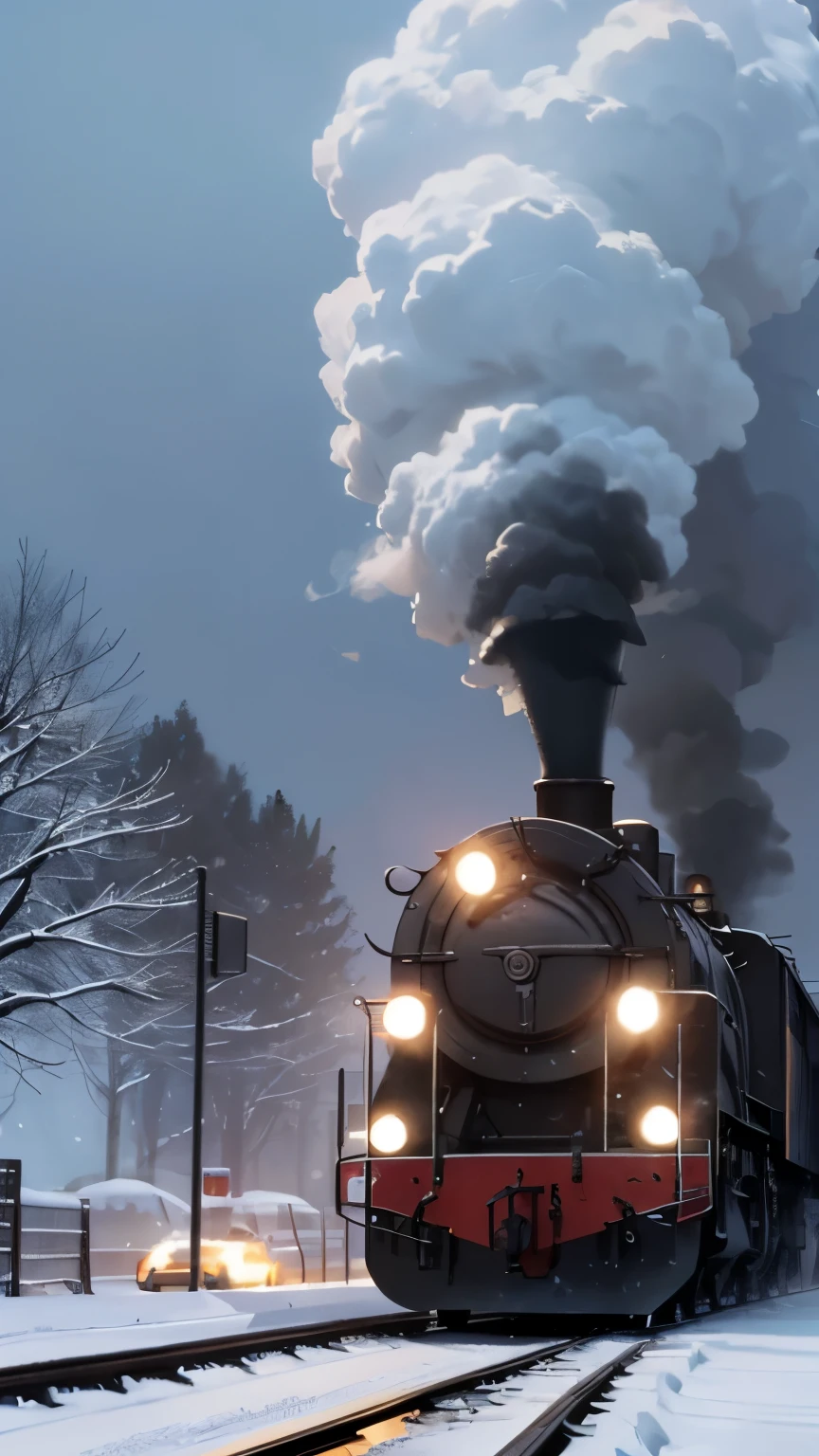 Smoke coming from locomotive center、headlight、native village、A cinematic scene、by Ghibli Studio、midynight、It snowed heavily、Snow blowing、snow cover、bigger、On the table,Best quality at best,Sketch style、