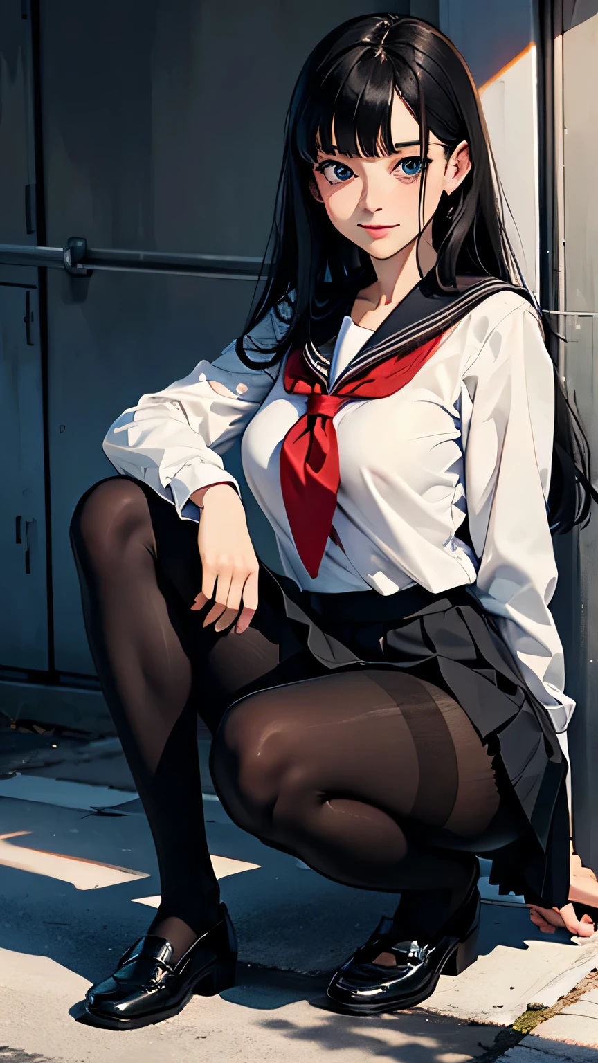 beautiful girl, , mature face, droopy eyes, long face, big breasts, small ass, (One Piece School Uniform), (black long sailor uniform), (the skirt is long to the knees: 1.5), (black pantyhose: 1.5), skin as white as snow, long black hair that reaches to the waist, have a lot of hair, bangs, Inner thigh, stand facing forward, Smile with a gentle expression