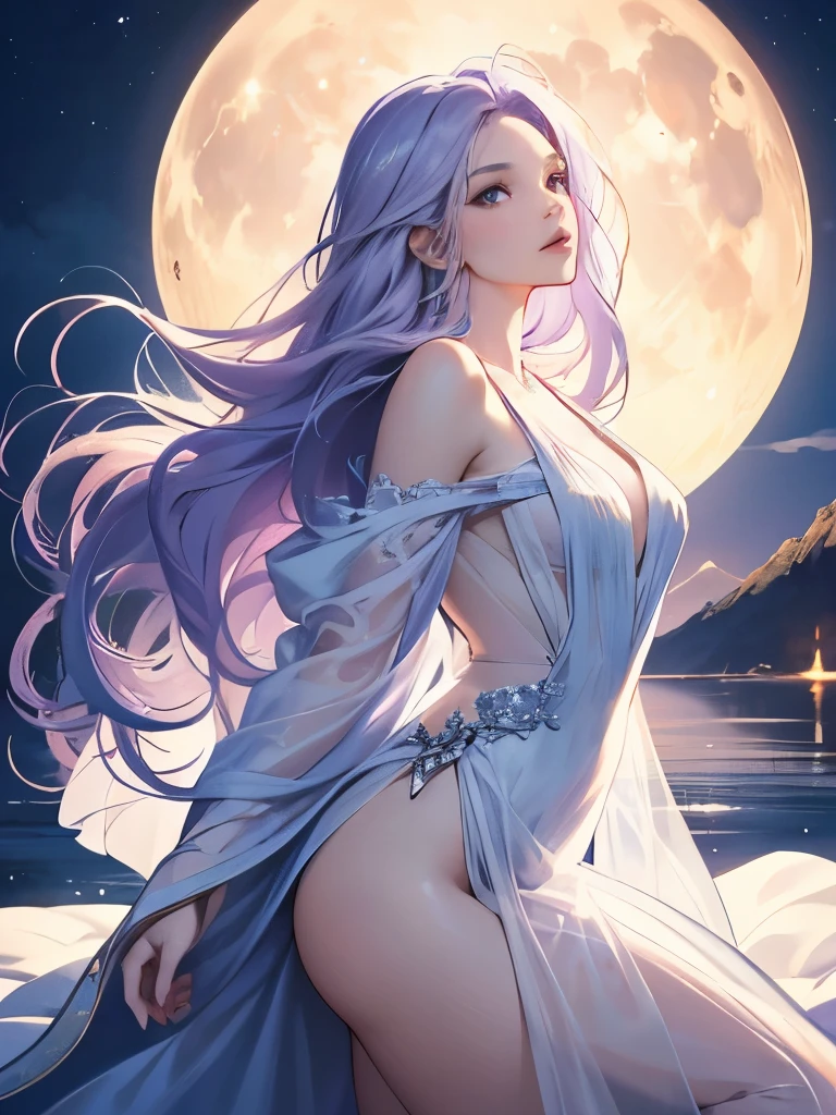 masterpiece、4K、Realistic style、A woman with very long fluffy light purple hair、kind face、small breasts、Beautiful detailed white see-through dress、Cleavage exposed、Breasts visible from the side、long legs、Hands folded in front of the waist、Lake of the moonlit night