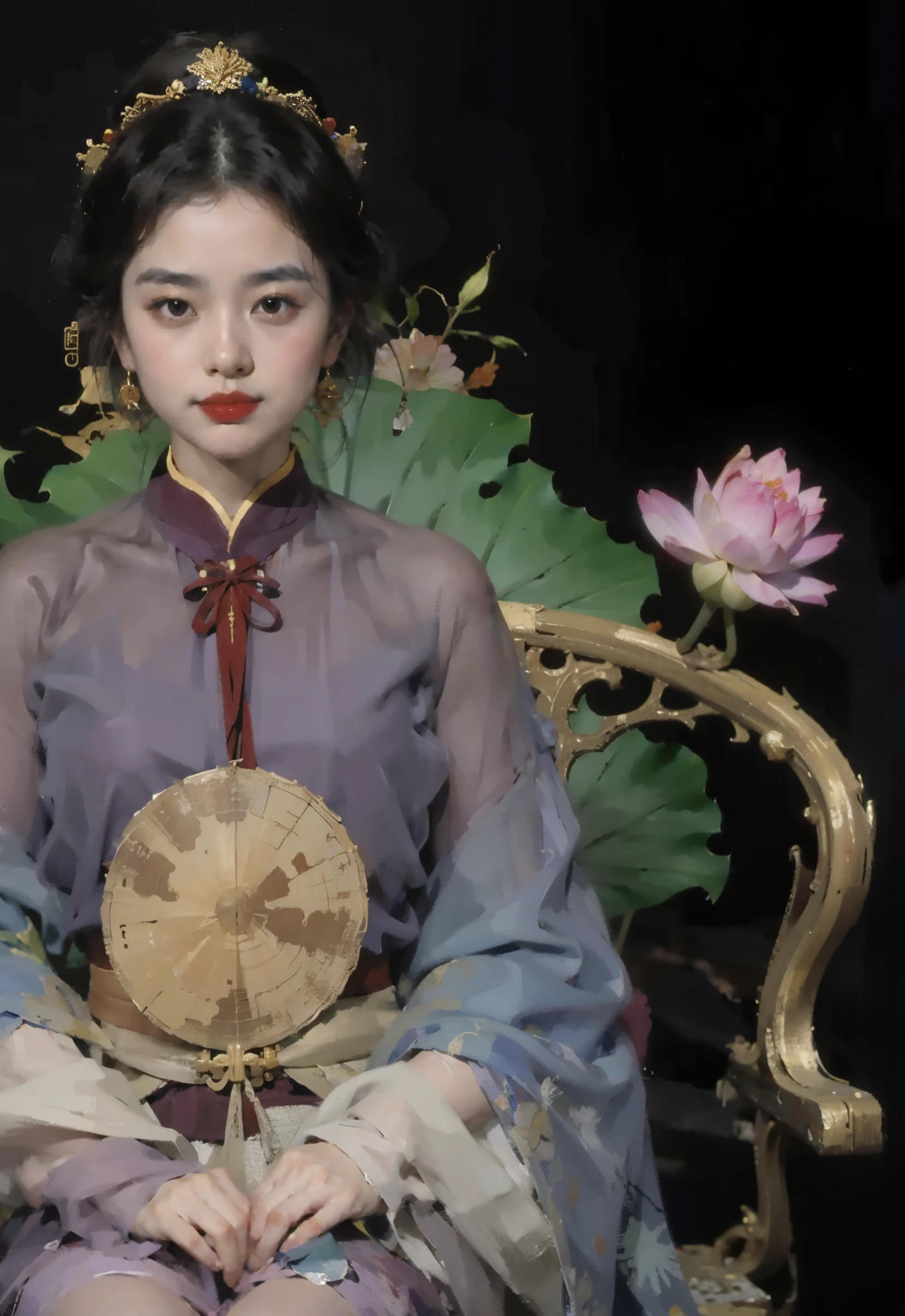 best quality，masterpiece，（painting：1.6）Wearing purple Hanfu，Fide woman wearing gauze skirt sitting on wooden sculpture chair，wood carving chair，背后有lotus以及lotus leaf，lotus，lotus leaf，Holding a round fan, queen of china, palace ， girl wearing hanfu, chinese princess, Inspired by Yun Shouping, Inspired by Chen Rong, ancient chinese princess, Chen Jiru, Inspired by Zhang Xuan, chinese woman, beautiful fantasy queen, Gurwitz style artwork。Ancient Chinese clothes，chiffon，folding fan。美丽的folding fan。Holding round fan in hand (:1.5),（Amy Sole：0.248），（Stanley Ategg Liu：0.106），（a detailed painting：0.353），（文艺复兴古典painting风格：0.8）
\\
a woman with long black hair(Amy Sole:0.248), (Stanley Liu:0.106), (a detailed :0.353), (gothic art:0.106)（Amy Sole：0.248），（Stanley Ategg Liu：0.106），（a detailed painting：0.353），（文艺复兴古典painting风格：0.8）