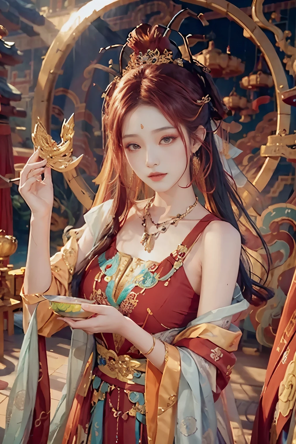 A captivating girl dons a traditional Dunhuang dress, adorned with intricate patterns and vibrant colors, as she stands in the upper body portion of the frame, captured in a dynamic angle that showcases the elegance and grace of her long, flowing ruby-red hair. Surrounding her is a beautiful Chinese landscape, dotted with ancient temples, tranquil waters, and the mystical presence of a Chinese dragon. Bathed in perfect light, every detail of her dress shines, and the accessories she wears, such as the ruby necklace, add to the enchanting scene. The overall image exudes a sense of timeless beauty and rich cultural history.