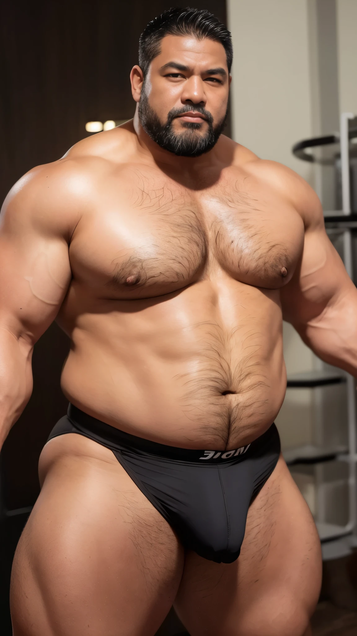 black hair, middle-aged man, individual, male, Muscular wrestler, muscular, Stout wrestler, Asian, Japanese, uncle, 55 year old middle-aged man, short hair, short hair, white wrestling boots, full body portrait, shadow, Vision, white briefs, obesity, 45 years old, short beard, middle-aged man, tattoo, fingerless gloves, Wheat skin, shiny skin, dark skin, Show your pectoral muscles, sumo wrestler, bodybuilder, wide temples, Visible abdominal muscles, Smile, Fine hands, solid color background, pure white background, kneepad, black knee pads, Surrealism, Panorama, 8k, super detail，black kneepad，（kneepad ：4）