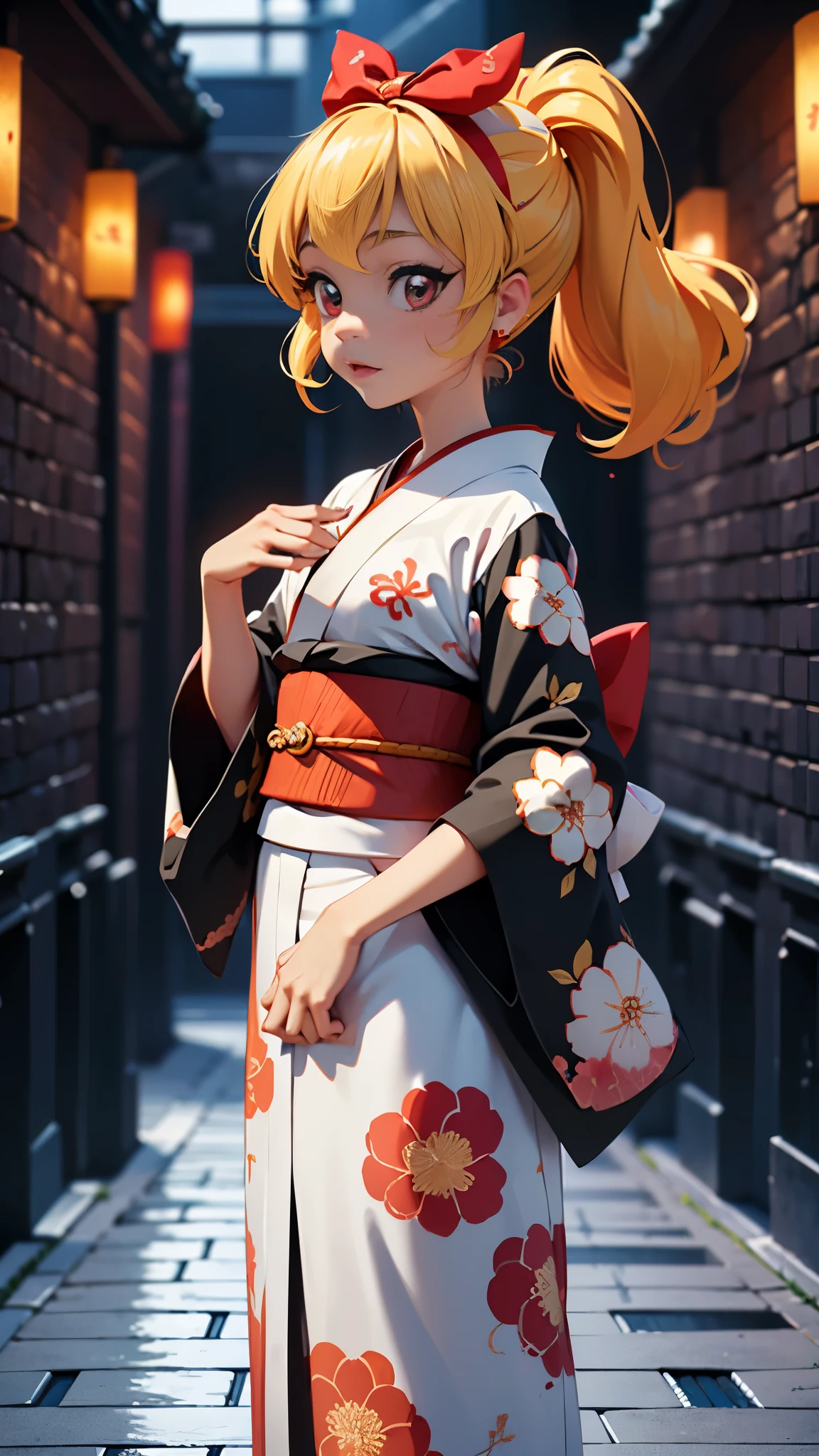(La mejor calidad,A high resolution,Ultra - detallado,actual),Ichigo Hoshimiya (Aikatsu!), (samurai kimono transparente ), (background alley walls stones Tokyo :1.4), More detailed 8K.motor irreal:1.4,UHD,La mejor calidad:1.4, fotorrealista:1.4, textura de la piel:1.4, obra maestra:1.8,obra-prima, mejor calidad,objeto Objeto], (detailed face features:1.3),(Las proporciones correctas),(Ojos hermosos azules),  (pose vaquero), (piedras grandes negro :1.4), (noche tenebroso:1.4 ), (dedos detailed :1.4), (transparent children&#39;s print kimono :1.4), (mostrando panties white:1.4),( perfect anatomy) 