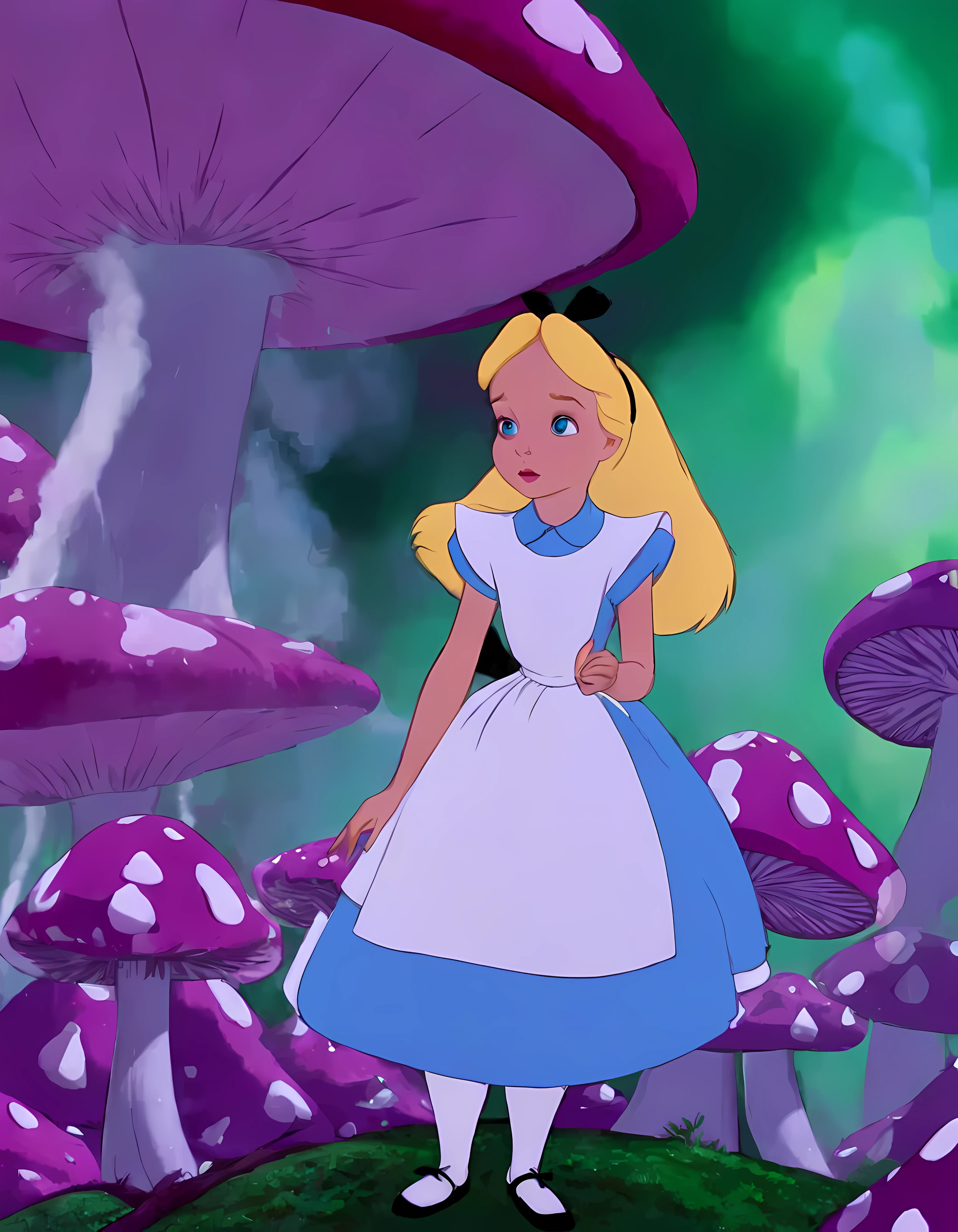 wxaliwonlan,1girl,solo,long hair,blue eyes,blonde hair,dress, surrounded by large-mushrooms, (green) and (purple) smoke alice (alice in wonderland:1.12),disney cartoon,masterpiece,best quality,(intricate details),highly detailed eyes ,dynamic pose, high saturation high quality (masterpiece) sharp lines, 