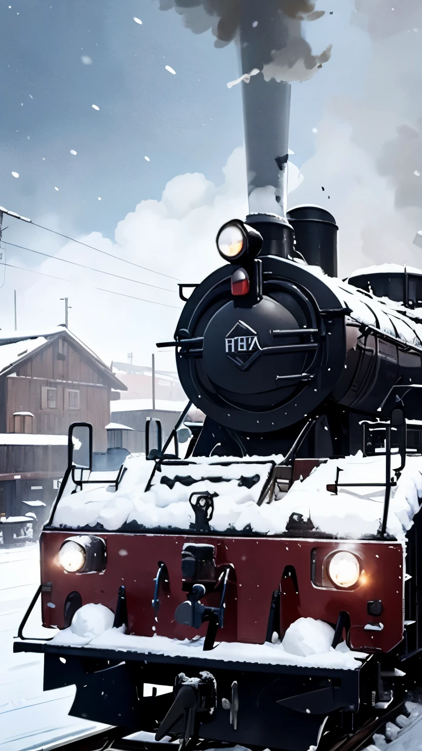 Smoke coming from locomotive center、headlight、native village、A cinematic scene、by Ghibli Studio、midynight、It snowed heavily、Snow blowing、snow cover、bigger、On the table,Best quality at best,Sketch style、
