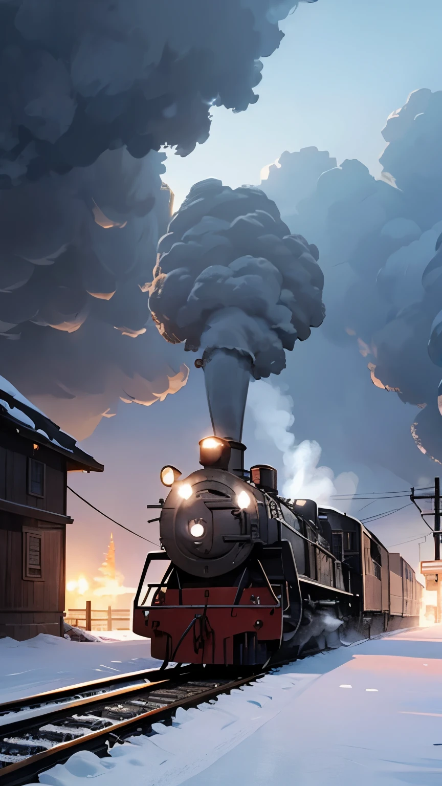 Smoke coming from locomotive center、headlight、native village、A cinematic scene、by Ghibli Studio、midynight、It snowed heavily、Snow blowing、snow cover、bigger、On the table,Best quality at best,Sketch style、